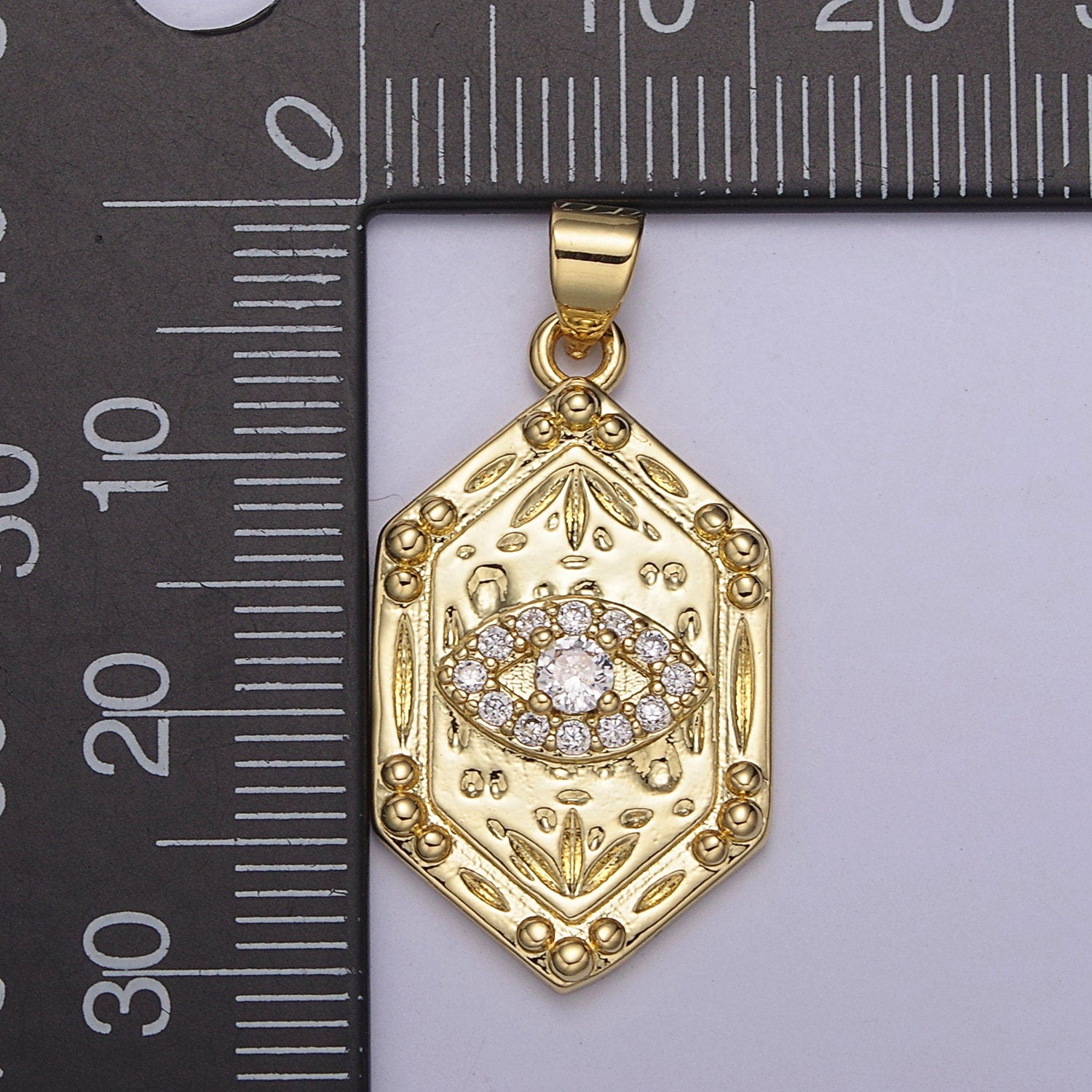 24K Gold Hexagon Micro Pave CZ Evil Eye Pendant, Cubic Zirconia Eye of Ra Charm For DIY Jewelry Making Supply, H-790
