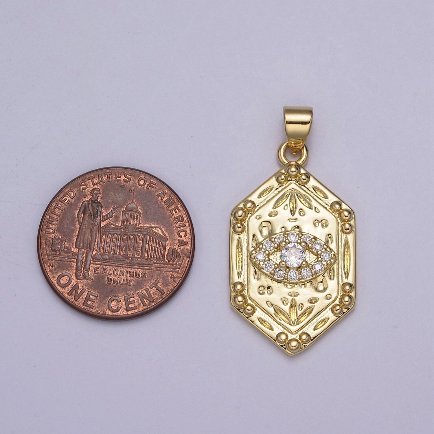 24K Gold Hexagon Micro Pave CZ Evil Eye Pendant, Cubic Zirconia Eye of Ra Charm For DIY Jewelry Making Supply, H-790