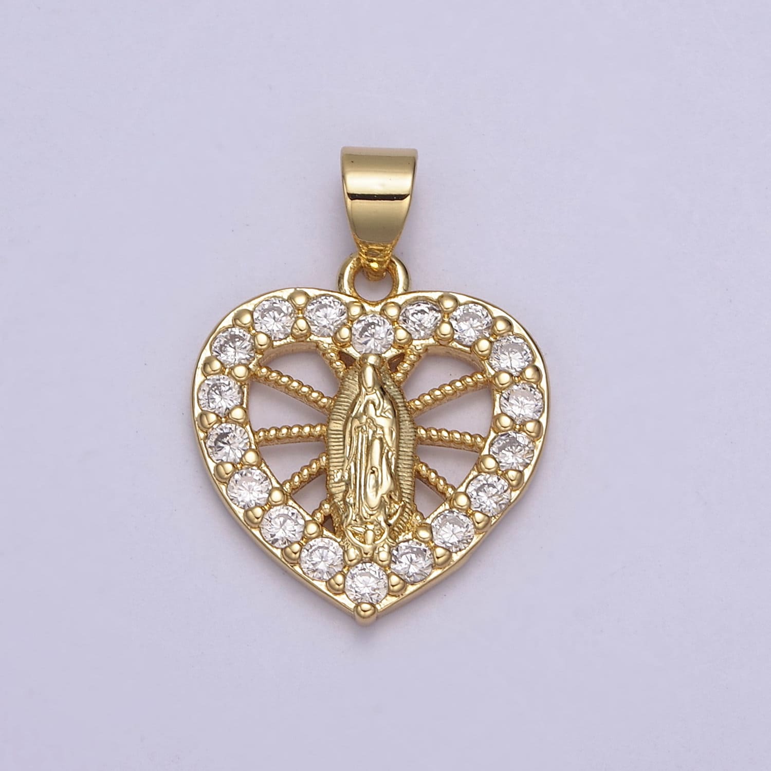 24K Gold Lady Guadalupe Pendant, Miraculous Virgin Mary on Micro Pave Heart Cubic Zirconia Charm, Religious Supply For Jewelry Making, H-725
