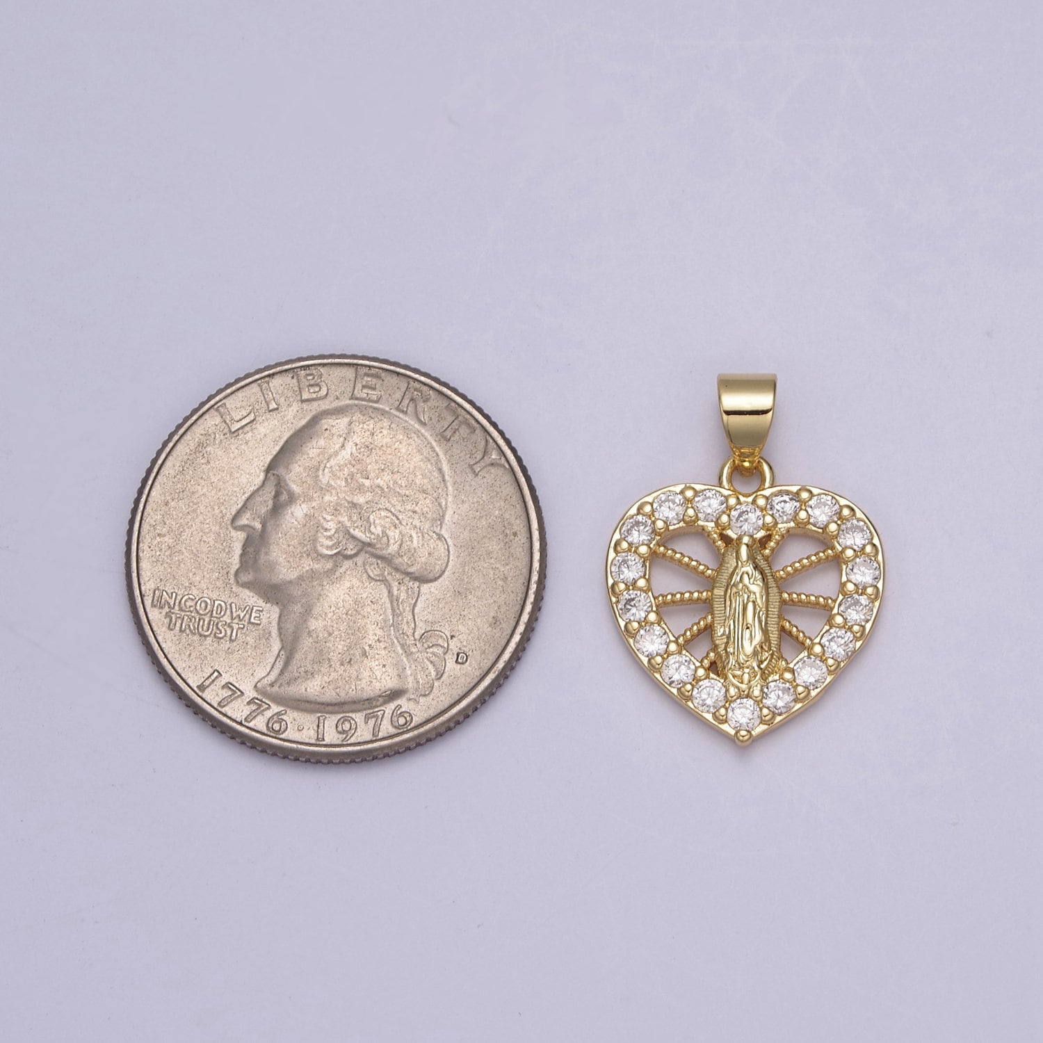 24K Gold Lady Guadalupe Pendant, Miraculous Virgin Mary on Micro Pave Heart Cubic Zirconia Charm, Religious Supply For Jewelry Making, H-725