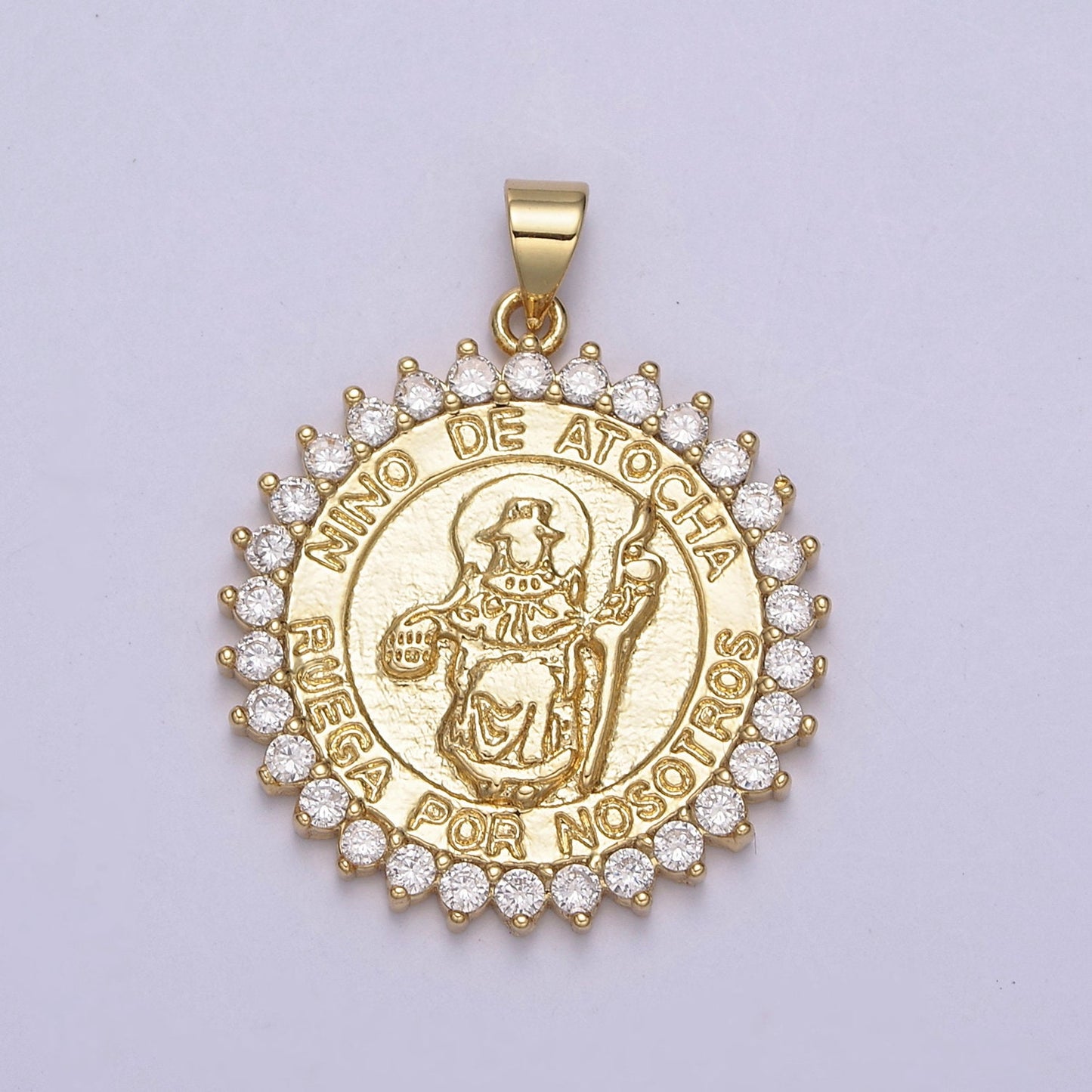 24K Gold Round Nino De Atocha Pendant Charm, Micro Pave CZ Religious Ruega Por Nosotros Charm Supply For DIY Jewelry Making H-757