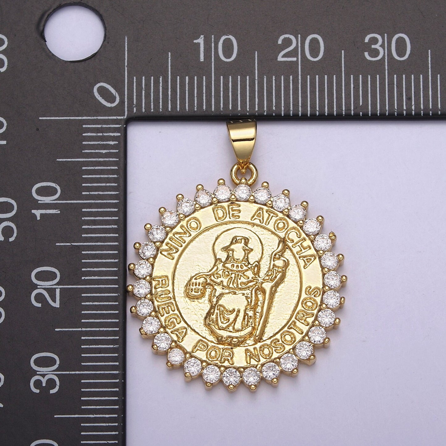 24K Gold Round Nino De Atocha Pendant Charm, Micro Pave CZ Religious Ruega Por Nosotros Charm Supply For DIY Jewelry Making H-757