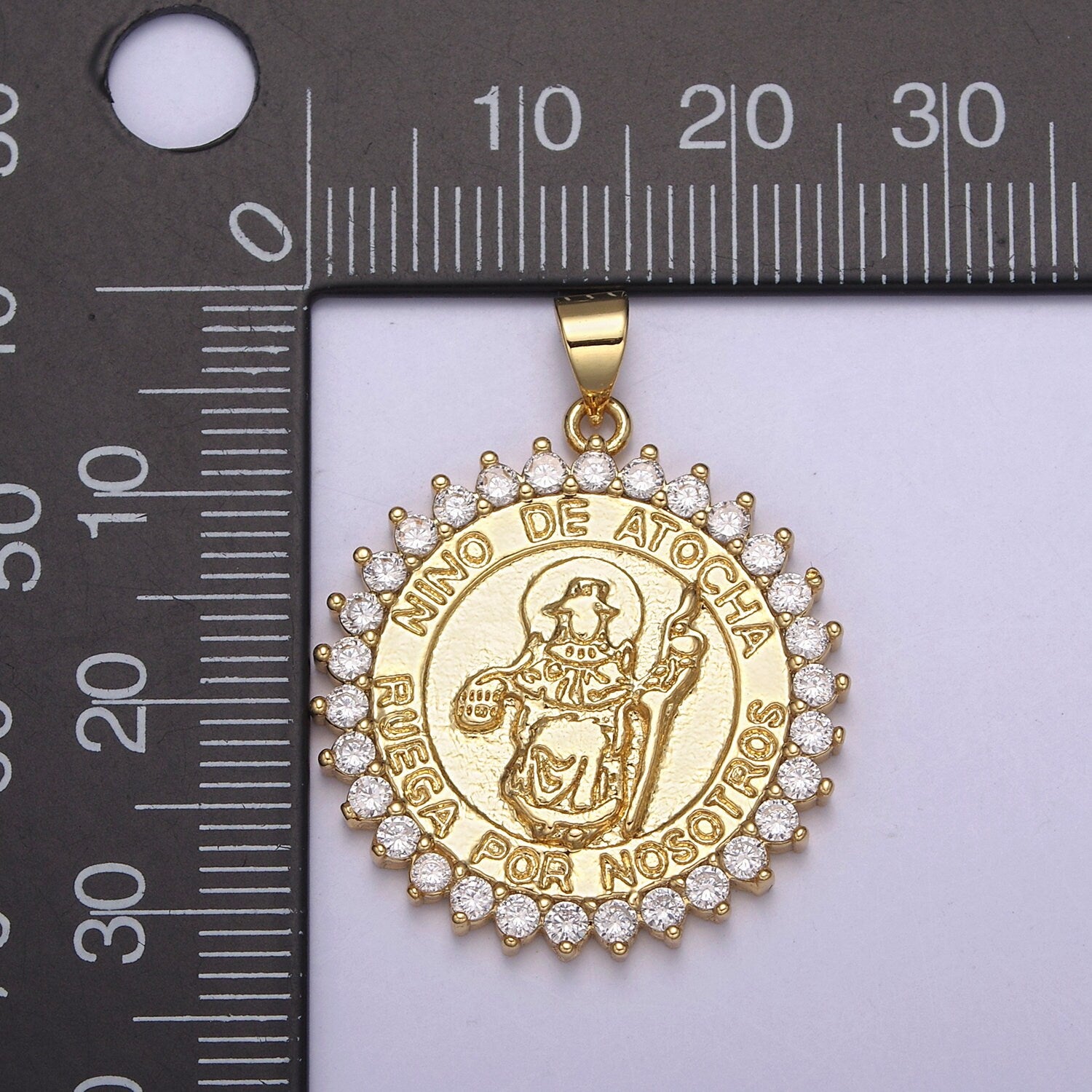 24K Gold Round Nino De Atocha Pendant Charm, Micro Pave CZ Religious Ruega Por Nosotros Charm Supply For DIY Jewelry Making H-757