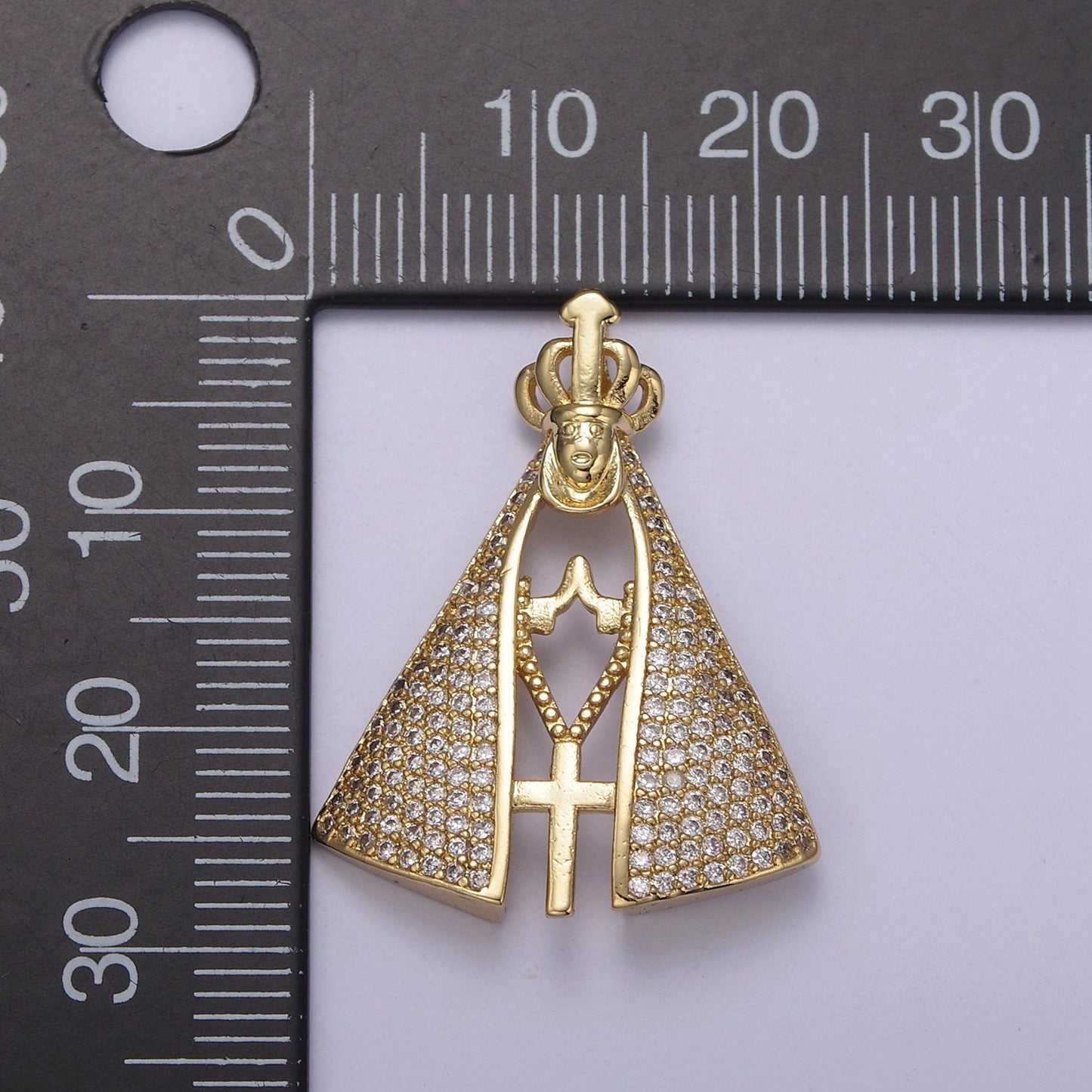 Micro Pave Cubic Zirconia CZ 24K Gold Religious Nossa Senhora Aparecida Small Catholic Cross Pendant Charm Supply For Jewelry Making N-538
