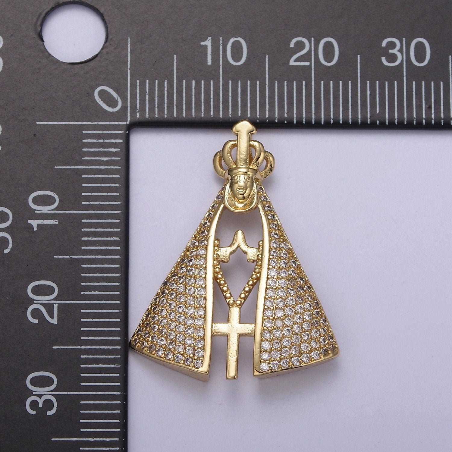 Micro Pave Cubic Zirconia CZ 24K Gold Religious Nossa Senhora Aparecida Small Catholic Cross Pendant Charm Supply For Jewelry Making N-538
