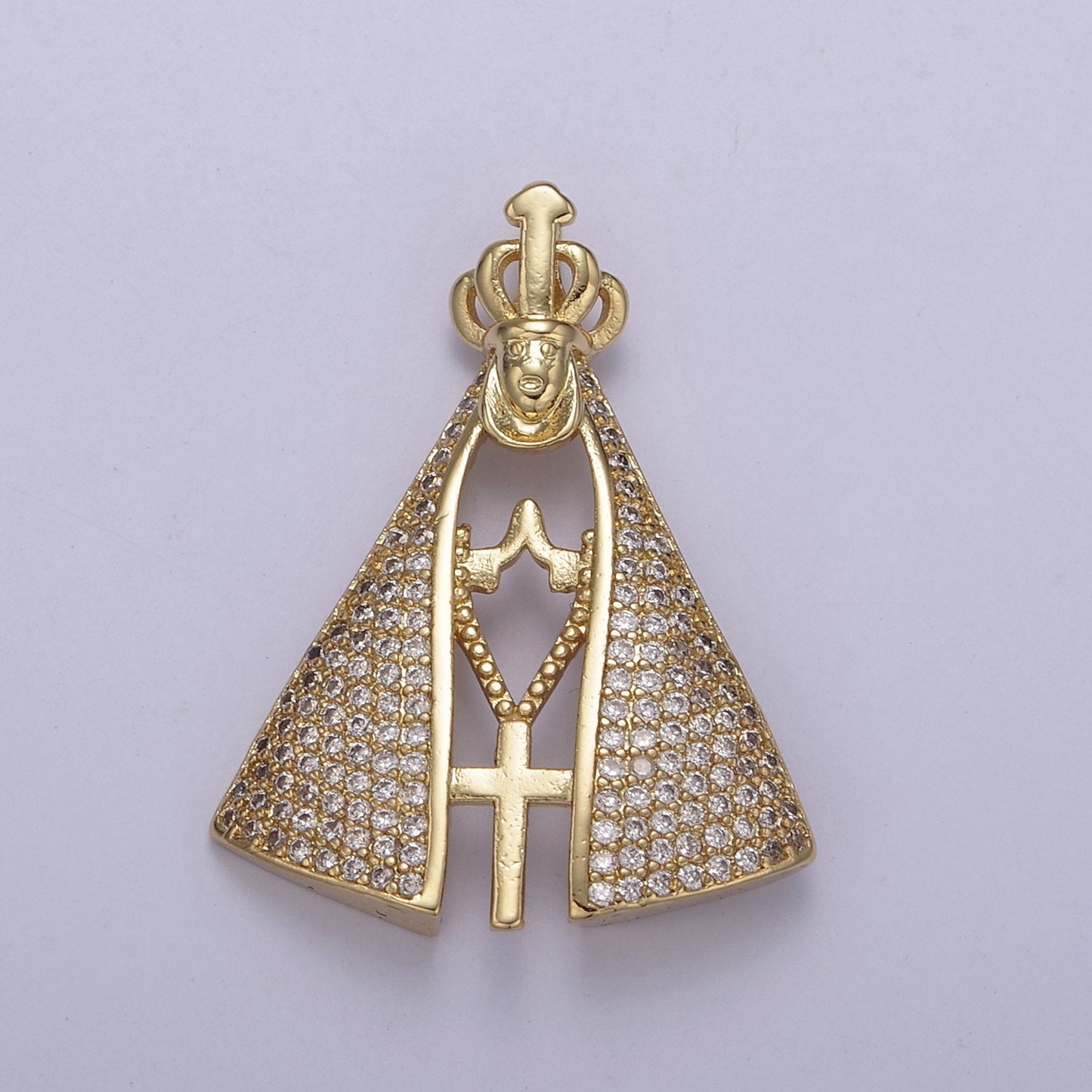 Micro Pave Cubic Zirconia CZ 24K Gold Religious Nossa Senhora Aparecida Small Catholic Cross Pendant Charm Supply For Jewelry Making N-538