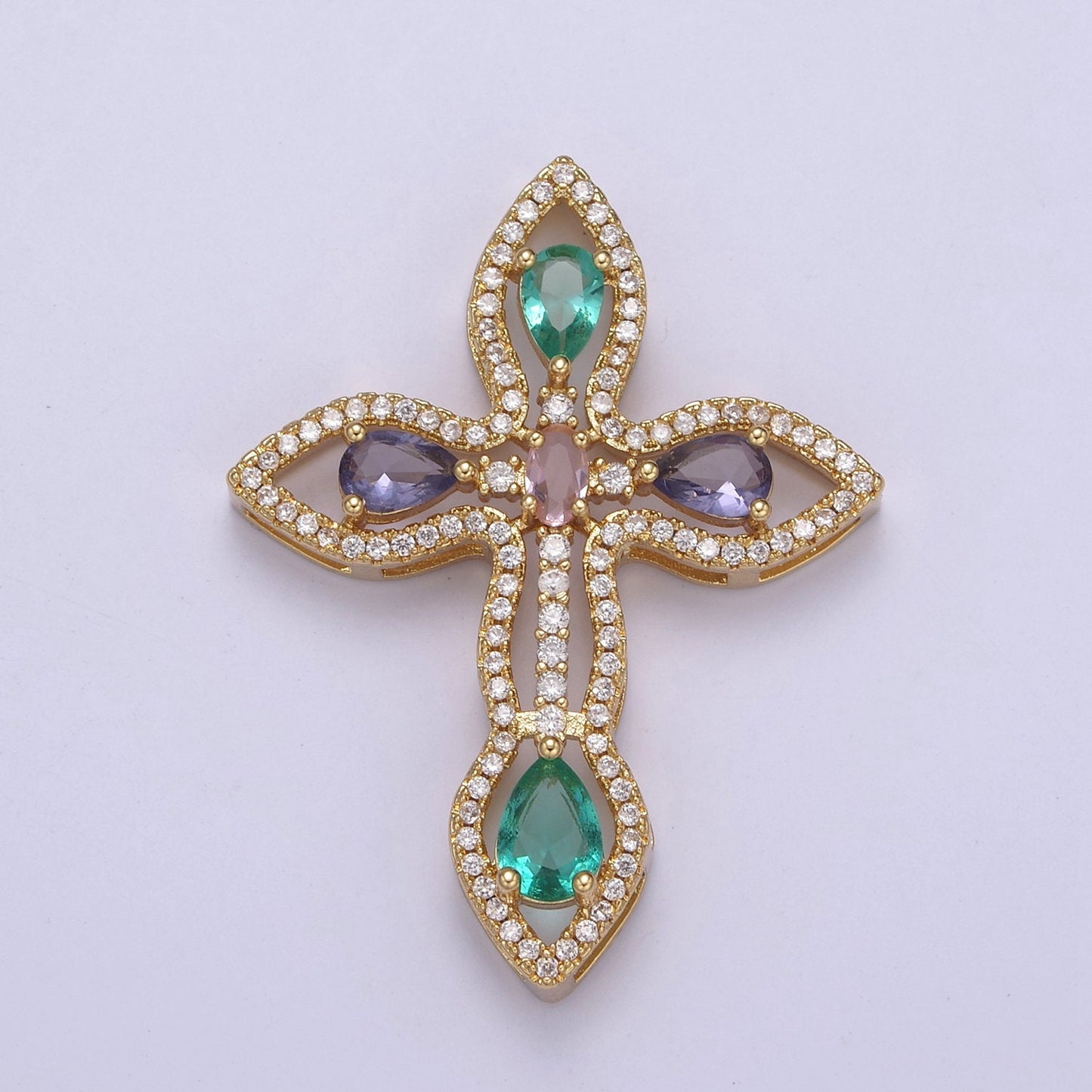 Multicolor Micro Pave Religious Cross Pendant, Purple Green Pink Cubic Zirconia Christian Catholic Charm Supply For DIY Jewelry Making N-536