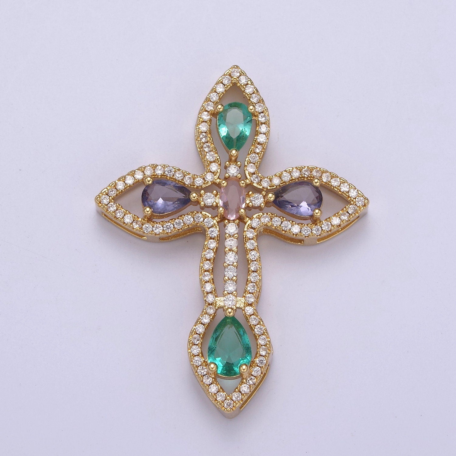 Multicolor Micro Pave Religious Cross Pendant, Purple Green Pink Cubic Zirconia Christian Catholic Charm Supply For DIY Jewelry Making N-536