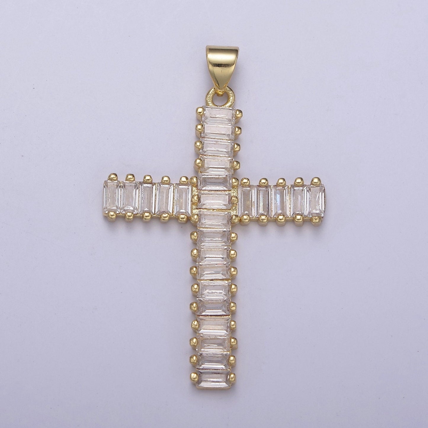 Clear Baguette Cubic Zirconia Cross Pendant, 24K Gold Christian Catholic Supply For DIY Jewelry Making N-539