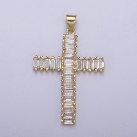 Clear Baguette Cubic Zirconia Cross Pendant, 24K Gold Christian Catholic Supply For DIY Jewelry Making N-539