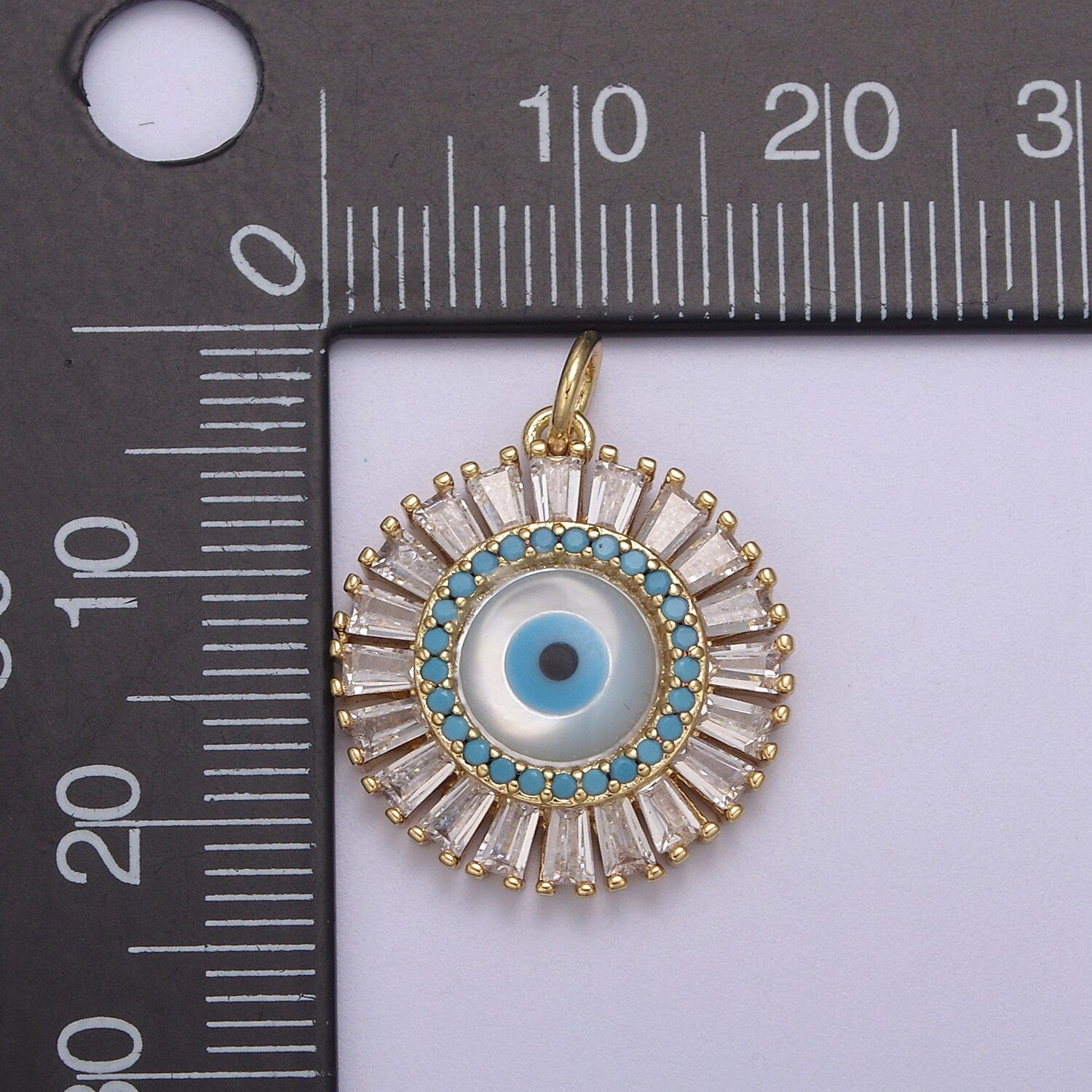 Dainty Gold Filled Baguette CZ Evil Eye Charm Necklace | CZ Round Pendant Amulet Protection Jewelry N-827