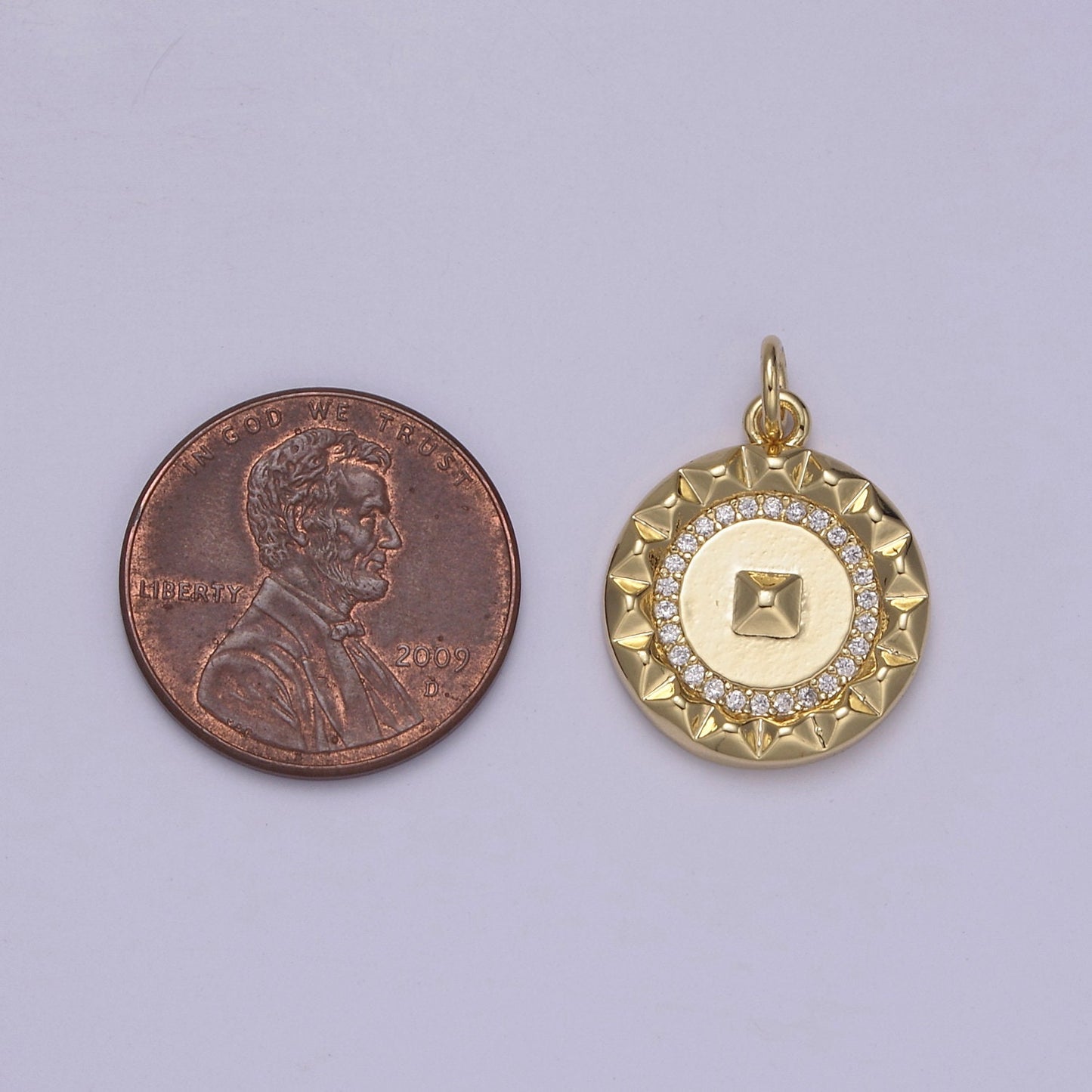 Dainty Gold CZ Paved Circular Medallion with Pyramid Center Small Minimalist Amulet DIY Necklace, Bracelet | N-916