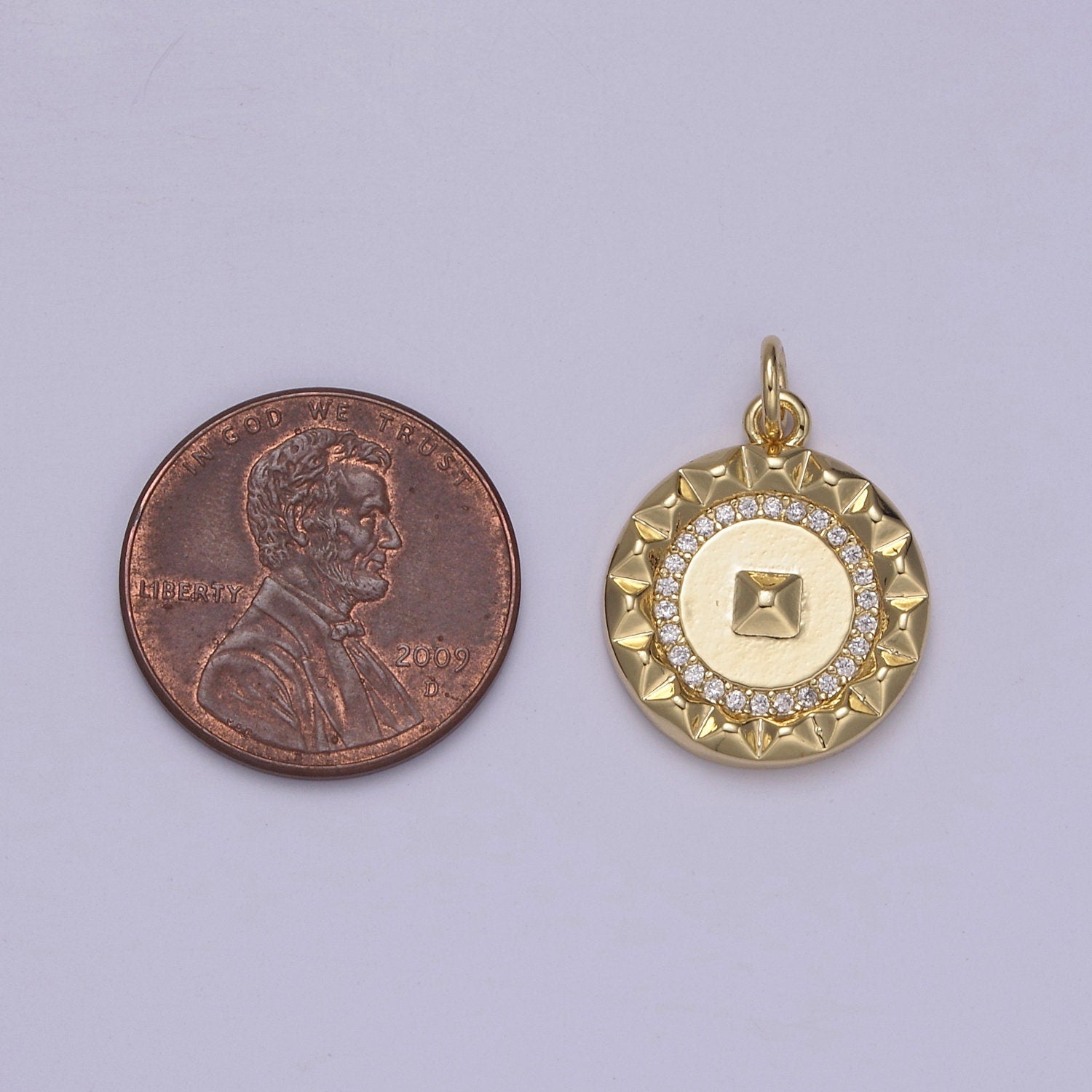 Dainty Gold CZ Paved Circular Medallion with Pyramid Center Small Minimalist Amulet DIY Necklace, Bracelet | N-916