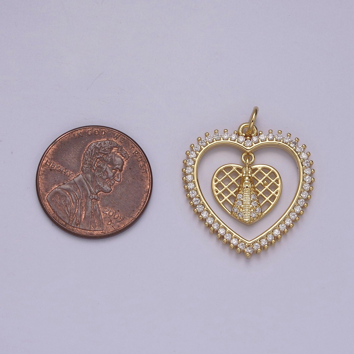 Dainty CZ Paved Heart Within Heart Ornate Charm Dangling Honeycomb Pattern Heart w/ Zipper DIY Pendant for Necklace Bracelet Earring | N-918