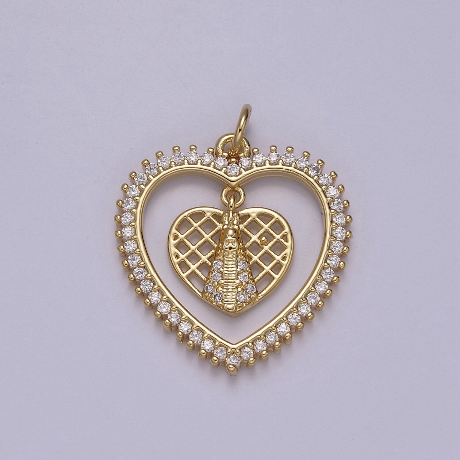 Dainty CZ Paved Heart Within Heart Ornate Charm Dangling Honeycomb Pattern Heart w/ Zipper DIY Pendant for Necklace Bracelet Earring | N-918