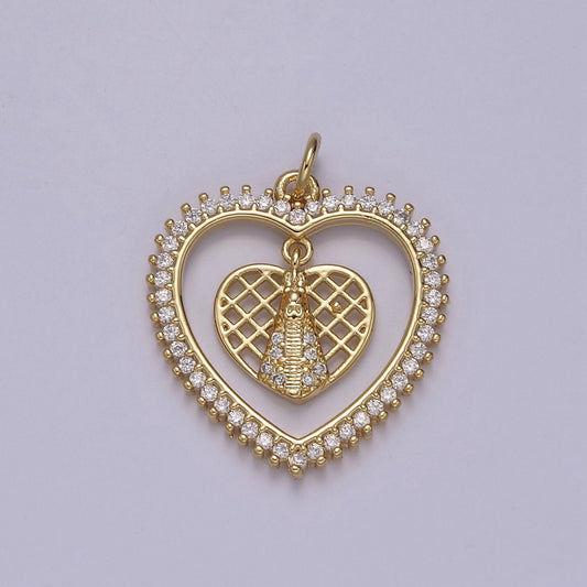 Dainty CZ Paved Heart Within Heart Ornate Charm Dangling Honeycomb Pattern Heart w/ Zipper DIY Pendant for Necklace Bracelet Earring | N-918