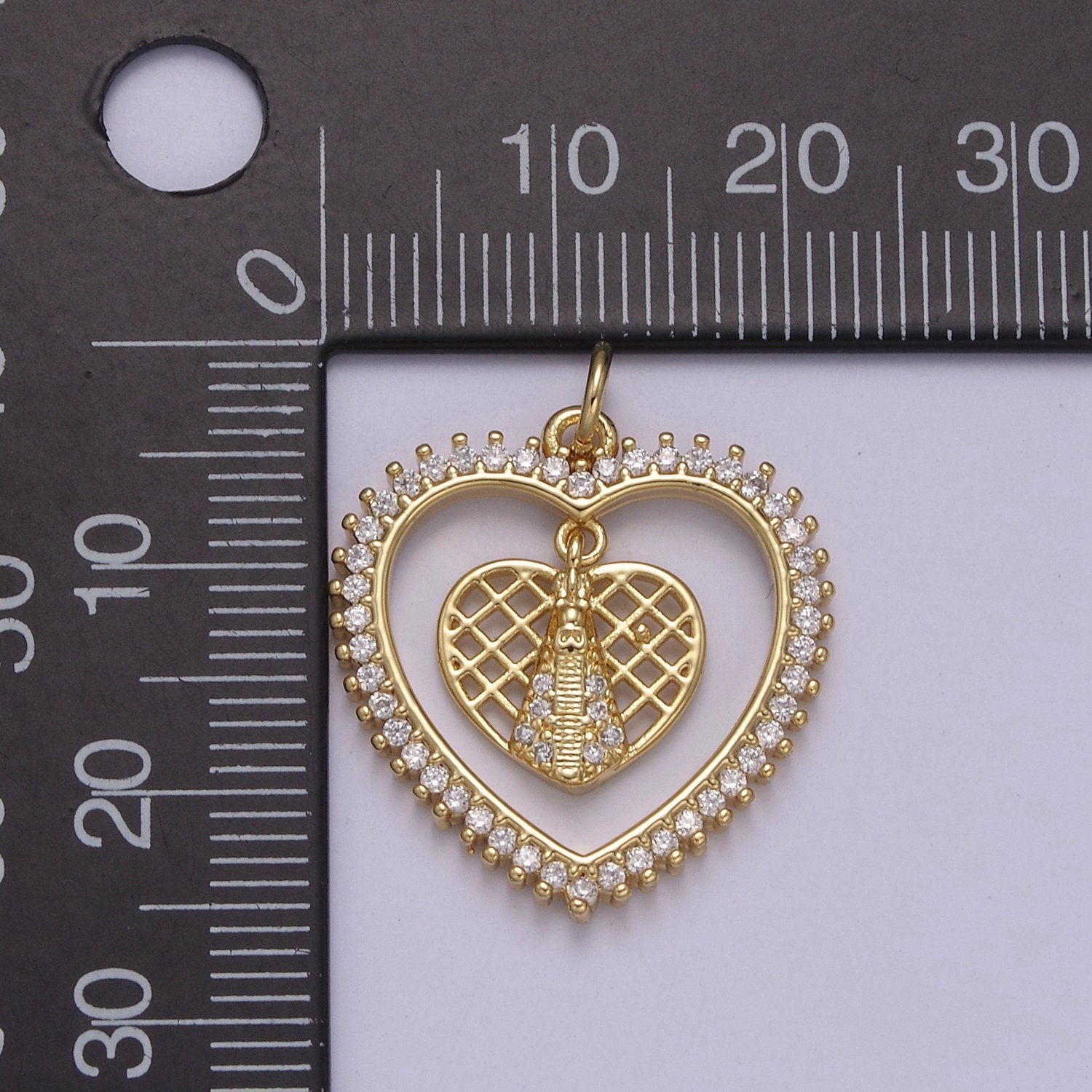 Dainty CZ Paved Heart Within Heart Ornate Charm Dangling Honeycomb Pattern Heart w/ Zipper DIY Pendant for Necklace Bracelet Earring | N-918