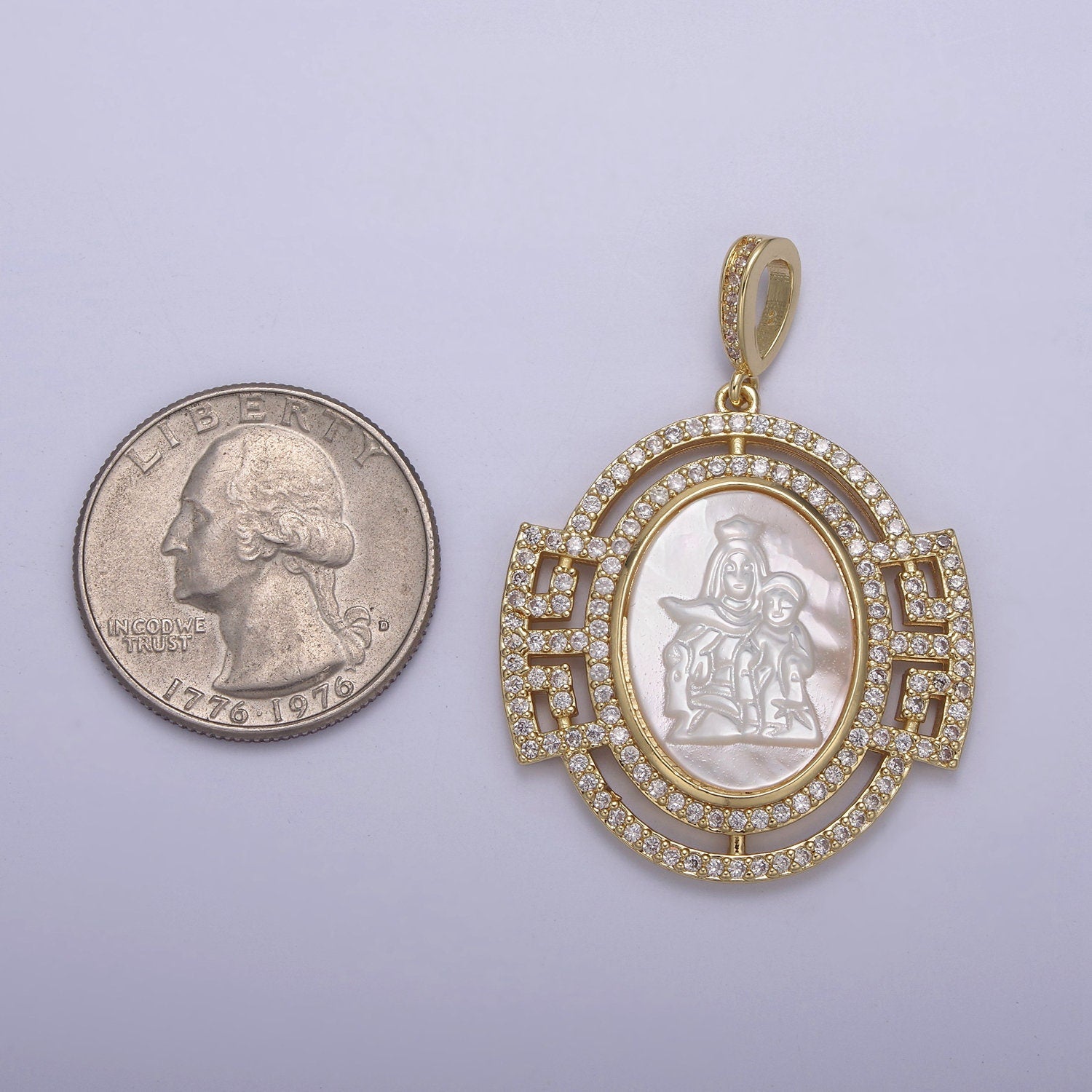 Bold CZ Paved Lady Guadalupe Holding Baby Jesus Ornate Oval Pendant Virgin Mary on Pearl Religious DIY Charm Necklace Bracelet| N-562