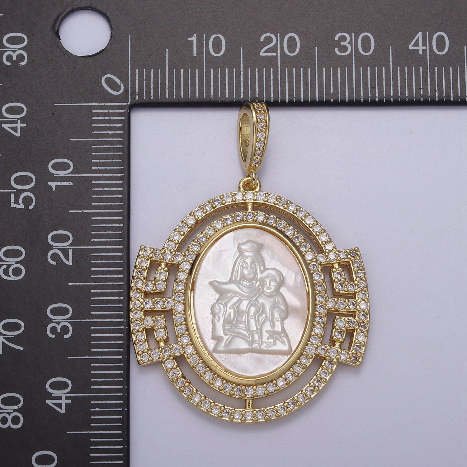 Bold CZ Paved Lady Guadalupe Holding Baby Jesus Ornate Oval Pendant Virgin Mary on Pearl Religious DIY Charm Necklace Bracelet| N-562