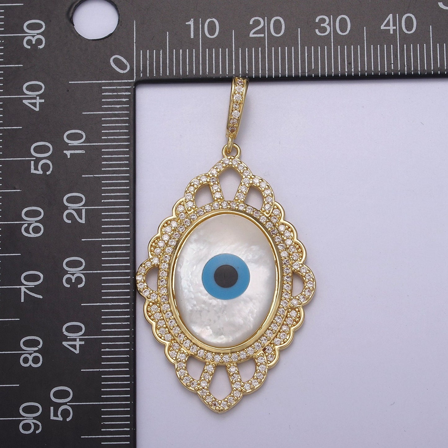 Bold Oval Blue Evil Eye Charm Micro CZ Paved Charm w/ Ornate Design Pearl Stone Center DIY Pendant Component Necklace Bracelet | N-561