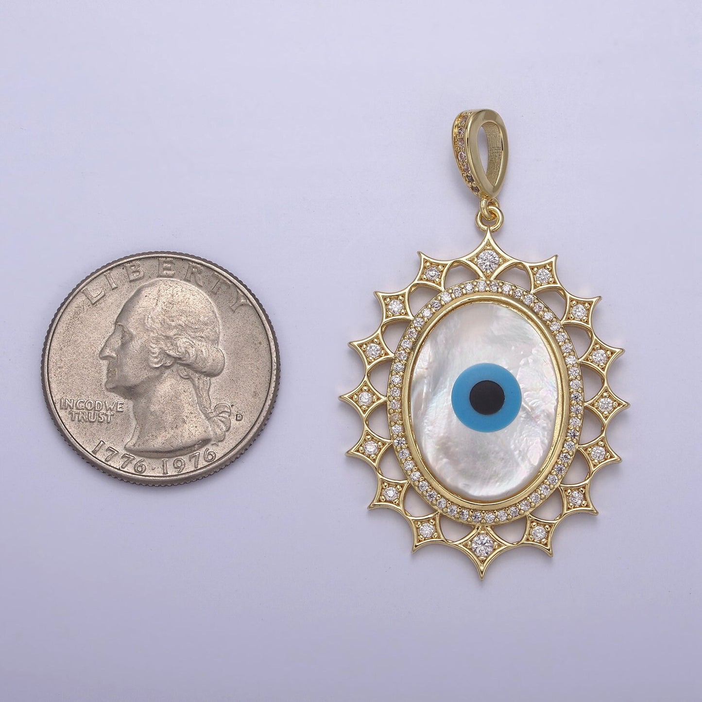 Bold Oval Blue Evil Eye Charm Micro CZ Paved Charm w/ Star Design Pearl Stone Center DIY Pendant Component Necklace Bracelet | N-560