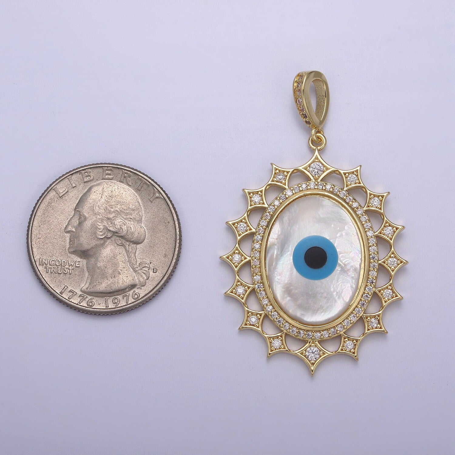 Bold Oval Blue Evil Eye Charm Micro CZ Paved Charm w/ Star Design Pearl Stone Center DIY Pendant Component Necklace Bracelet | N-560