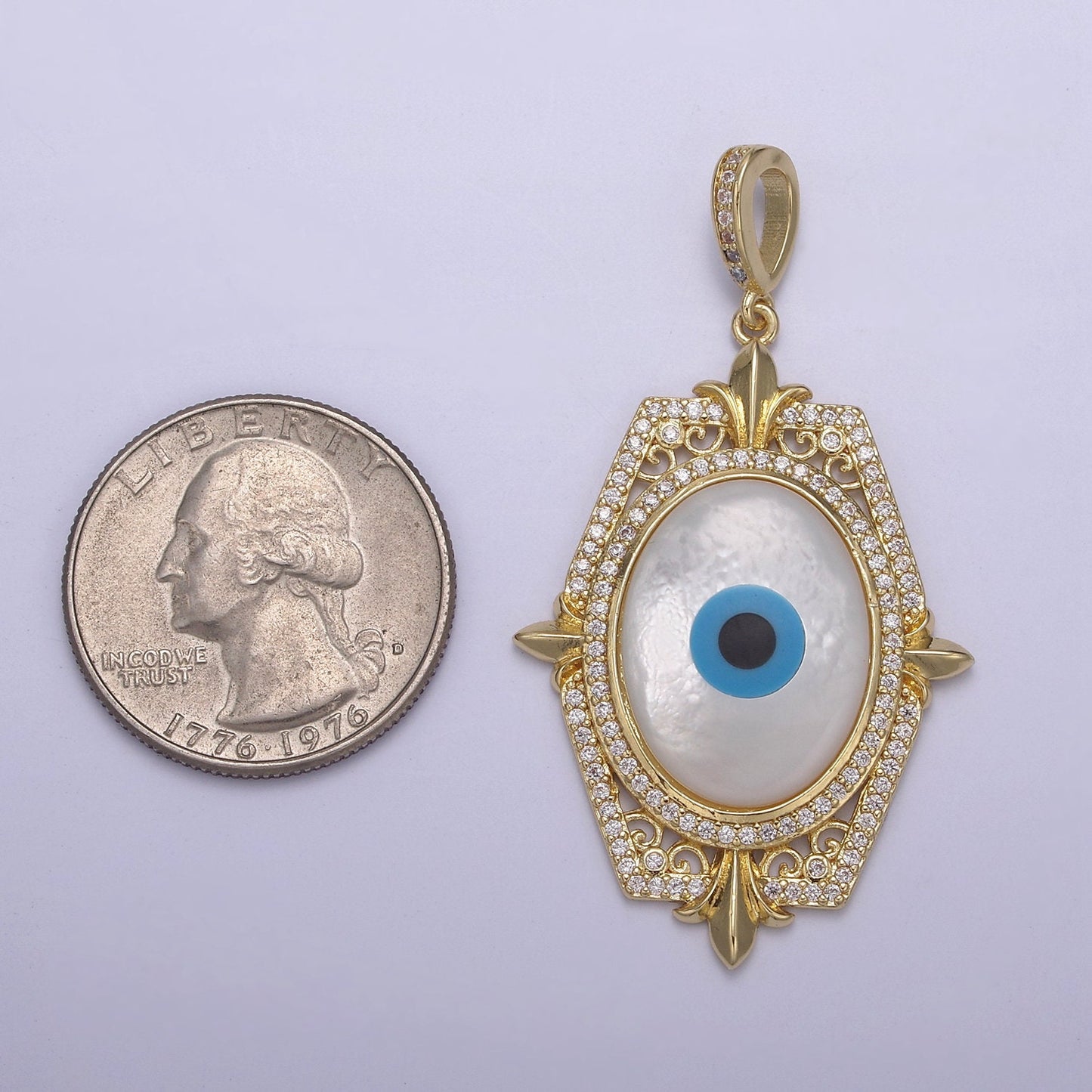 Bold Oval Blue Evil Eye Charm Micro CZ Paved Charm w/ Hexagonal Design Fleur Decoration DIY Pendant Component Necklace Bracelet | N-564