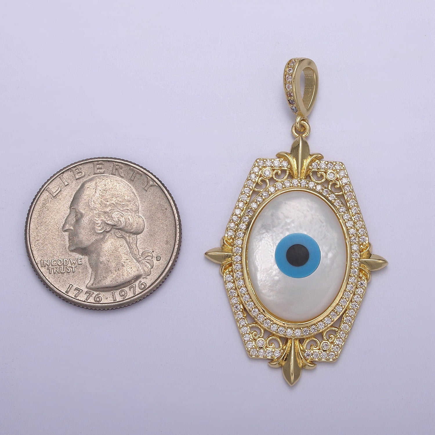 Bold Oval Blue Evil Eye Charm Micro CZ Paved Charm w/ Hexagonal Design Fleur Decoration DIY Pendant Component Necklace Bracelet | N-564
