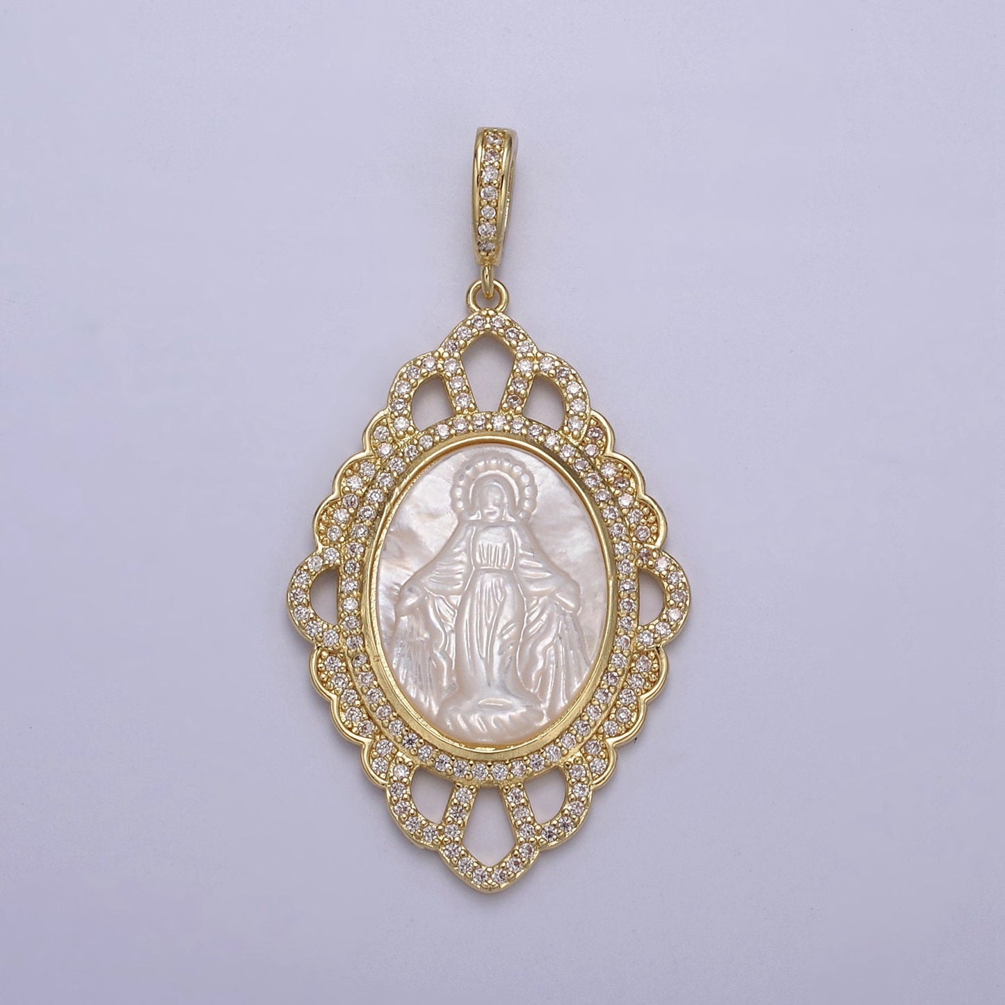 1x Bold Oval Virign Mary Charm Micro CZ Paved Charm w/ Ornate Design Pearl Center DIY Pendant Component Necklace Bracelet | N-565 N-566