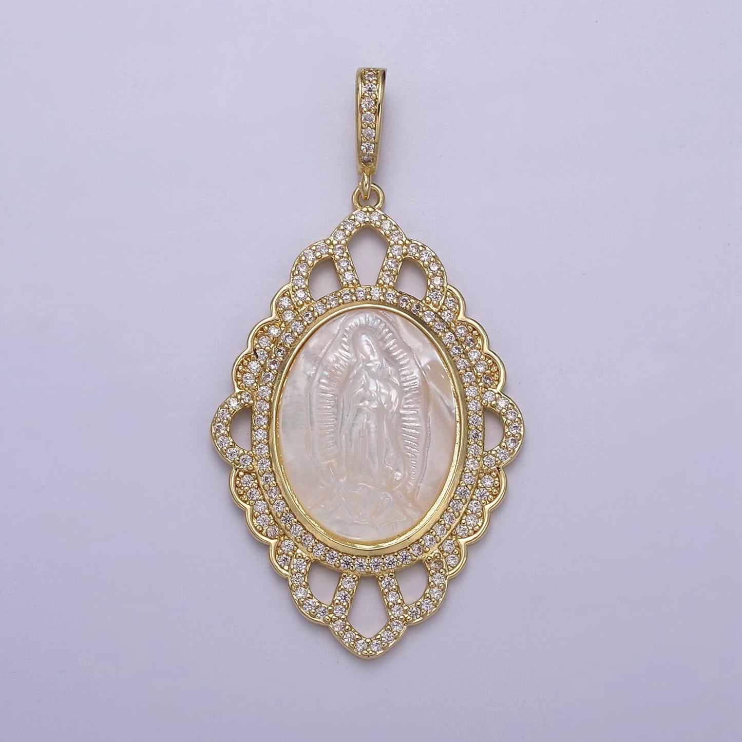 1x Bold Oval Virign Mary Charm Micro CZ Paved Charm w/ Ornate Design Pearl Center DIY Pendant Component Necklace Bracelet | N-565 N-566
