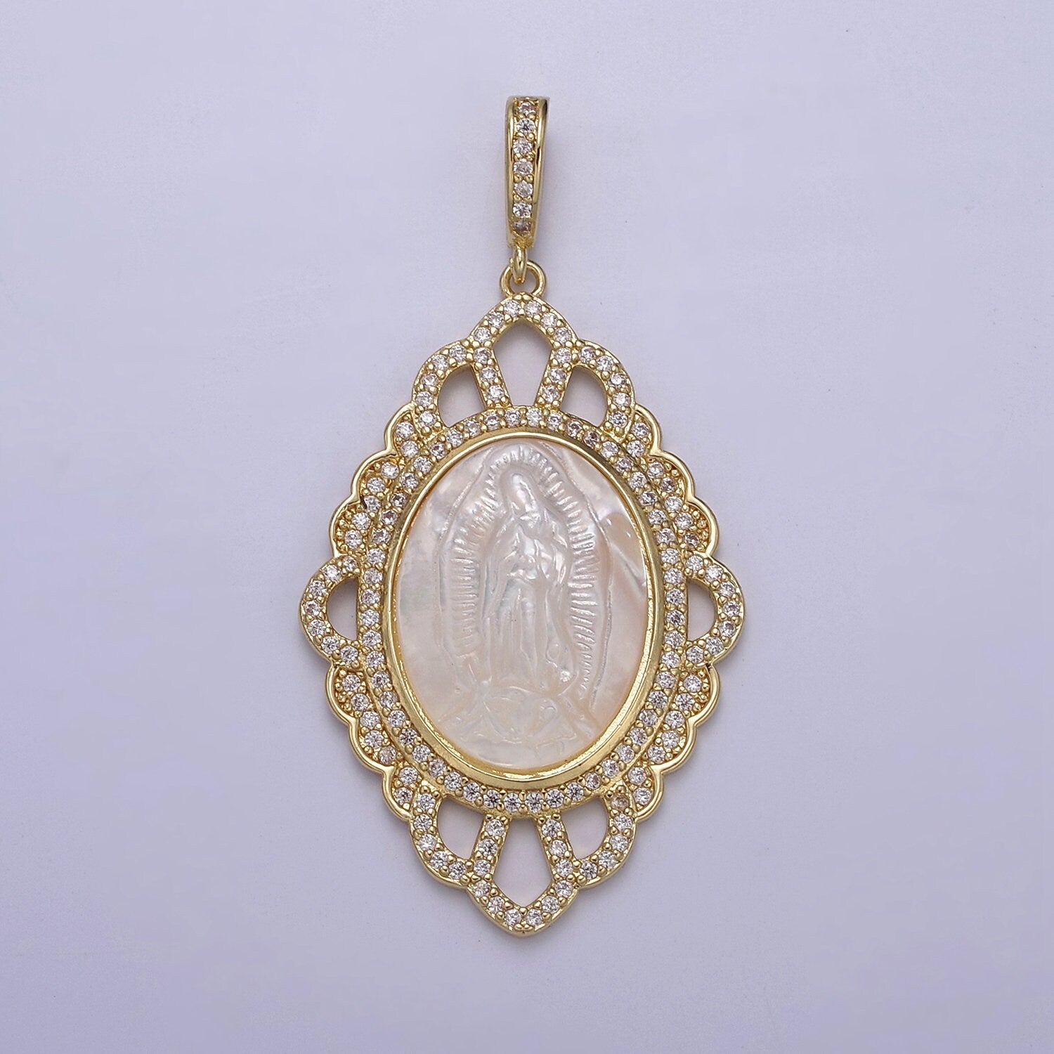 1x Bold Oval Virign Mary Charm Micro CZ Paved Charm w/ Ornate Design Pearl Center DIY Pendant Component Necklace Bracelet | N-565 N-566