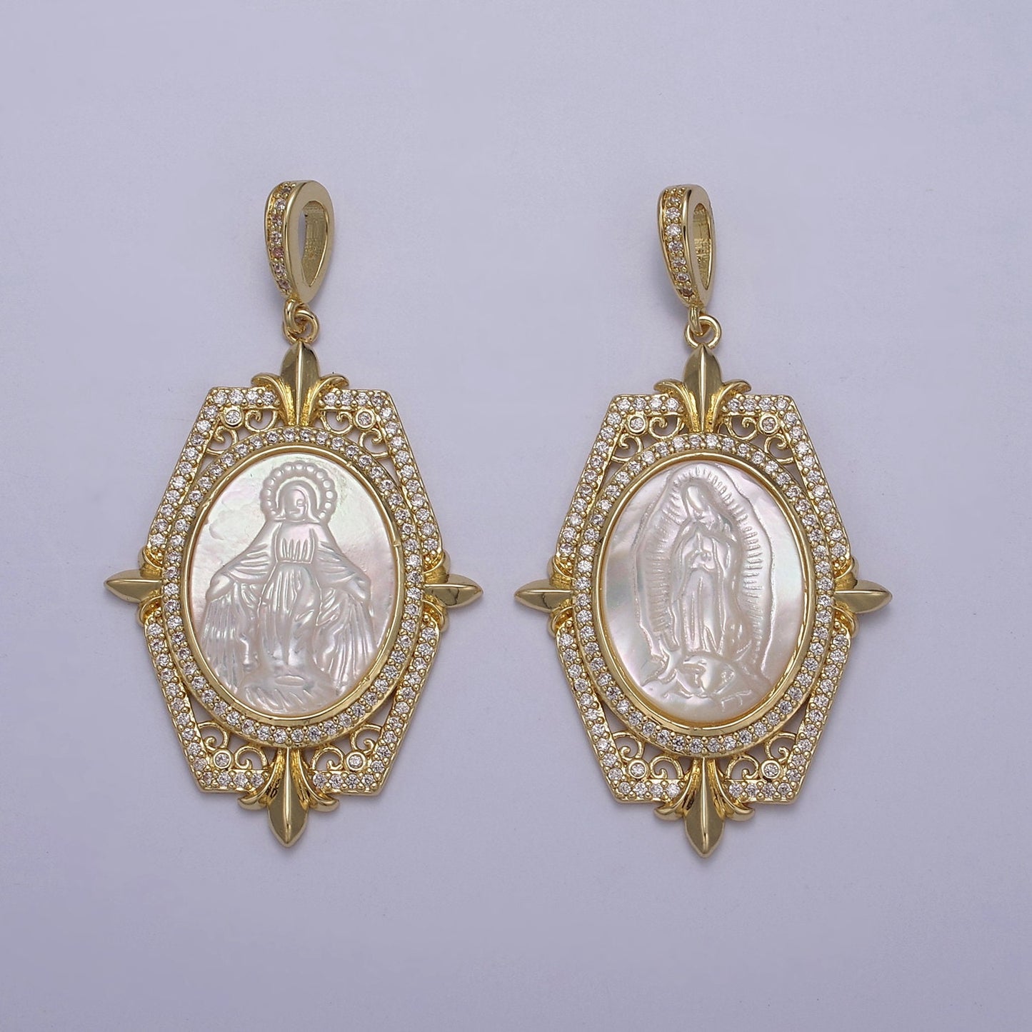 1x Bold Pearl Center Virign Mary Charm Micro CZ Paved Charm w/ Hexagonal Fleur Decor Frame DIY Pendant Component Necklace | N-567 N-568
