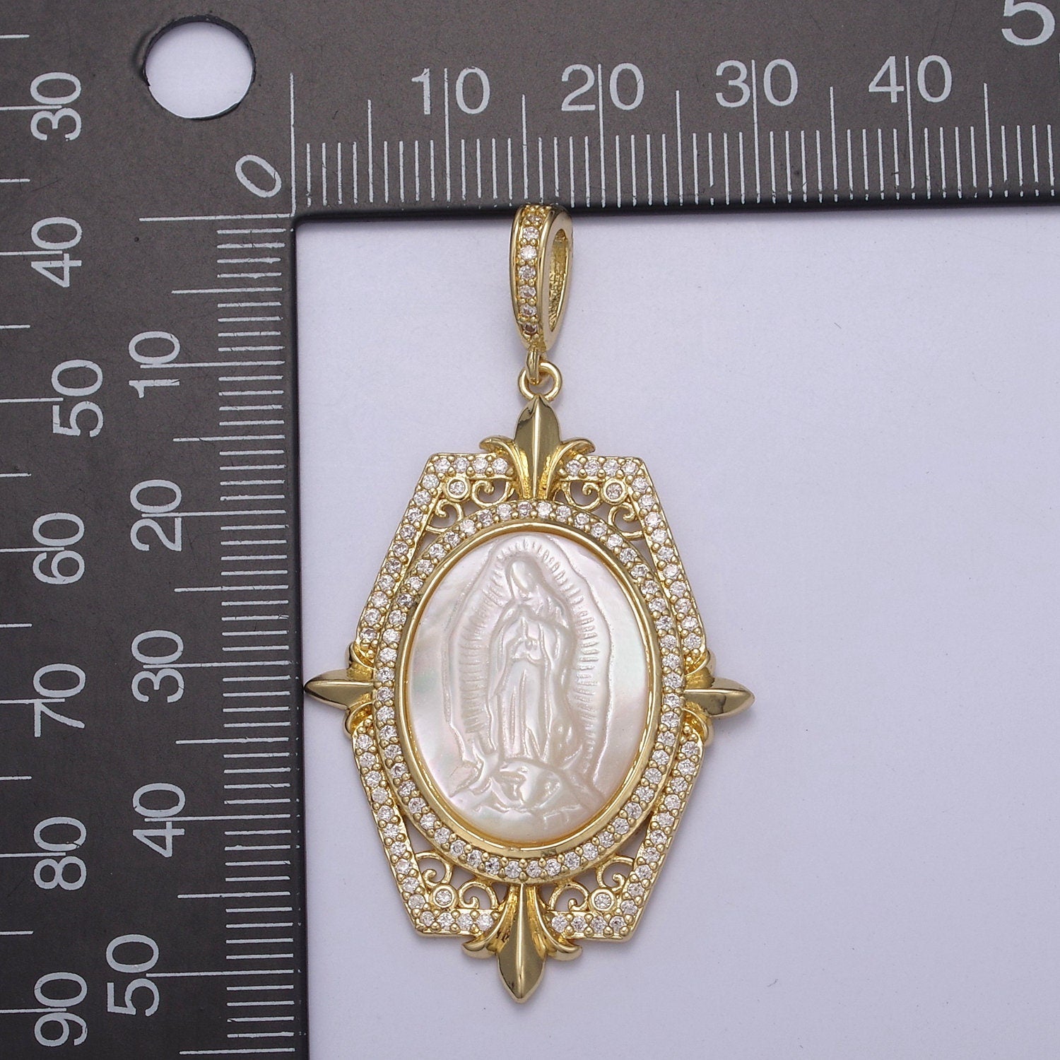 1x Bold Pearl Center Virign Mary Charm Micro CZ Paved Charm w/ Hexagonal Fleur Decor Frame DIY Pendant Component Necklace | N-567 N-568