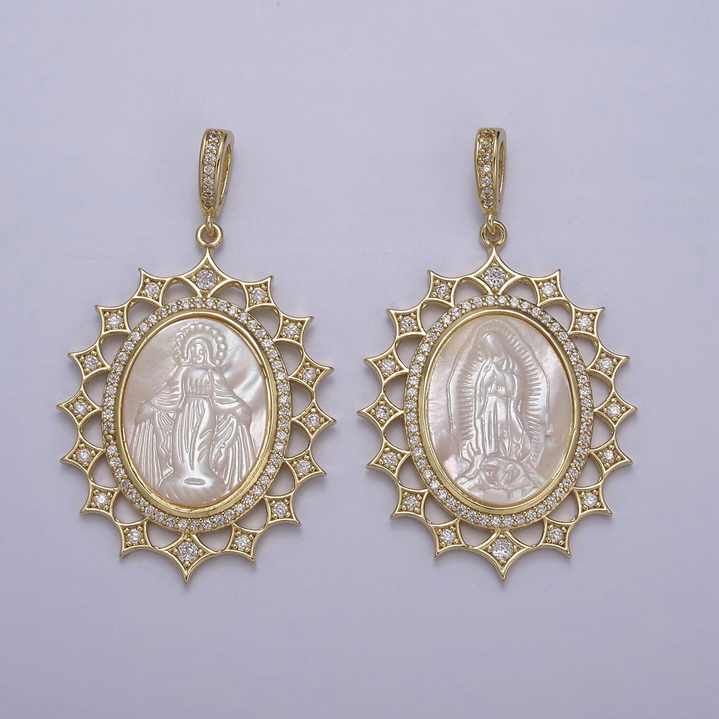 Gold Sun Oval Pearl Medallion Virgin Mary / Miraculous Lady Guadalupe Pendant Medallion for Statement Jewelry Necklace Supply N-569