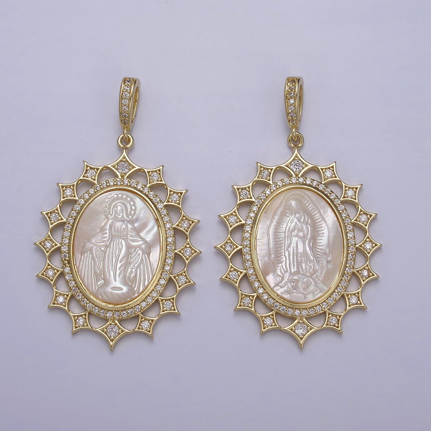 Gold Sun Oval Pearl Medallion Virgin Mary / Miraculous Lady Guadalupe Pendant Medallion for Statement Jewelry Necklace Supply N-569