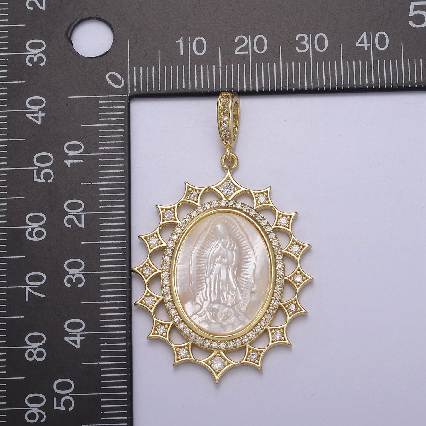 Gold Sun Oval Pearl Medallion Virgin Mary / Miraculous Lady Guadalupe Pendant Medallion for Statement Jewelry Necklace Supply N-569