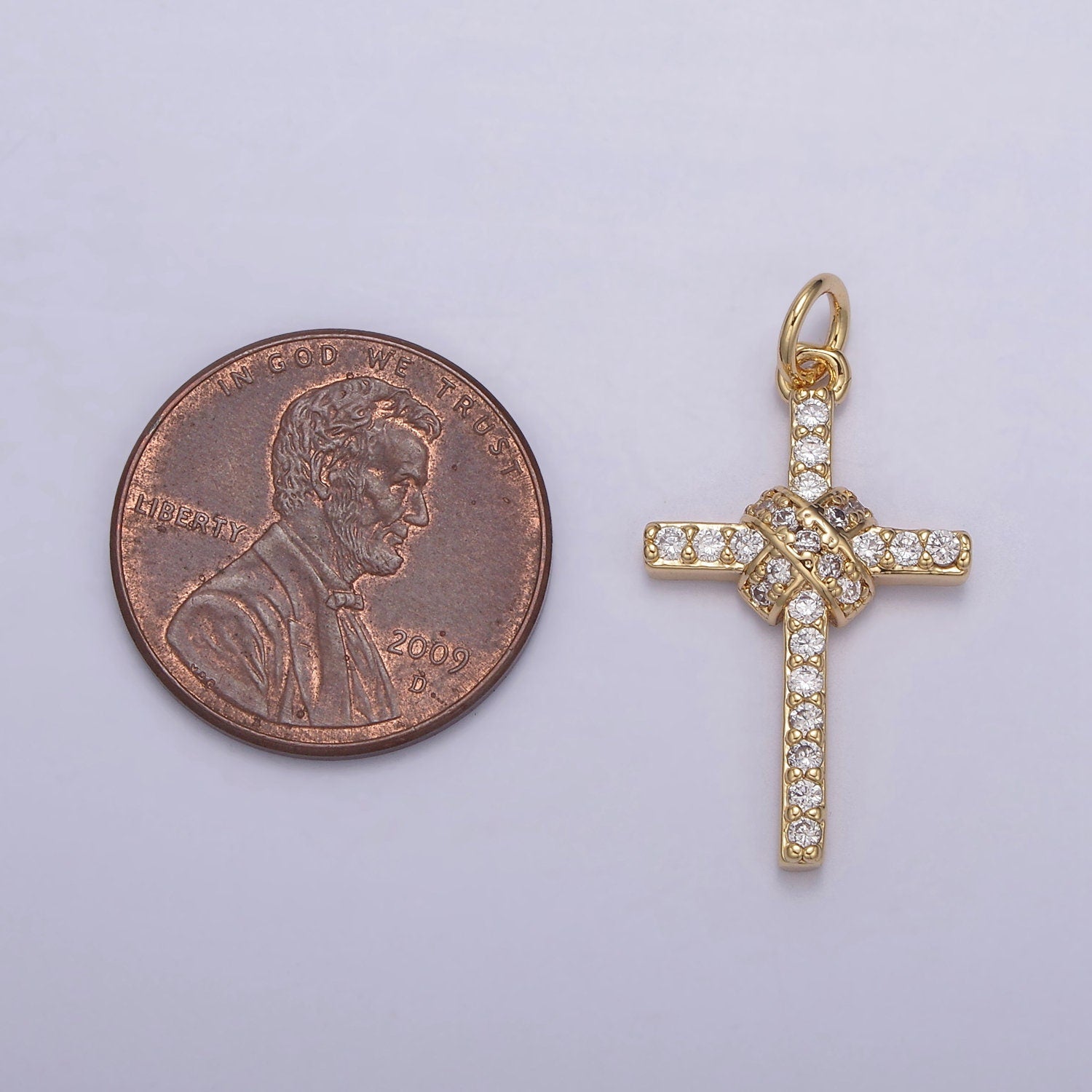 Dainty Bound Cross Charm 16K Gold Filled Cross Pendant with Clear Cubic Zirconia Micro Pave Religious Jewelry Making N-856