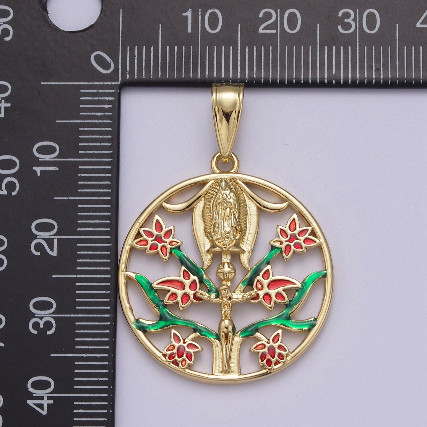 Round Virgin Mary Jesus Crucifixion Red Rose Green Garden Motif Medallion Charm 24K Gold Filled | N-615