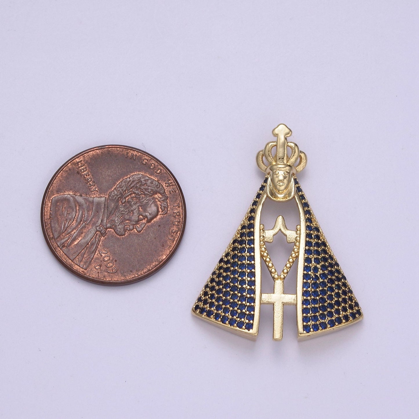Gold Virgin Mary with Micro CZ Paved Cape and Crown, Praying Holding a Cross Rosary | Religious Catholic Pendant DIY Supply | I-116