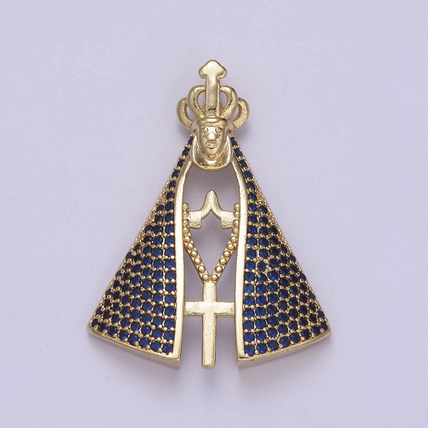 Gold Virgin Mary with Micro CZ Paved Cape and Crown, Praying Holding a Cross Rosary | Religious Catholic Pendant DIY Supply | I-116