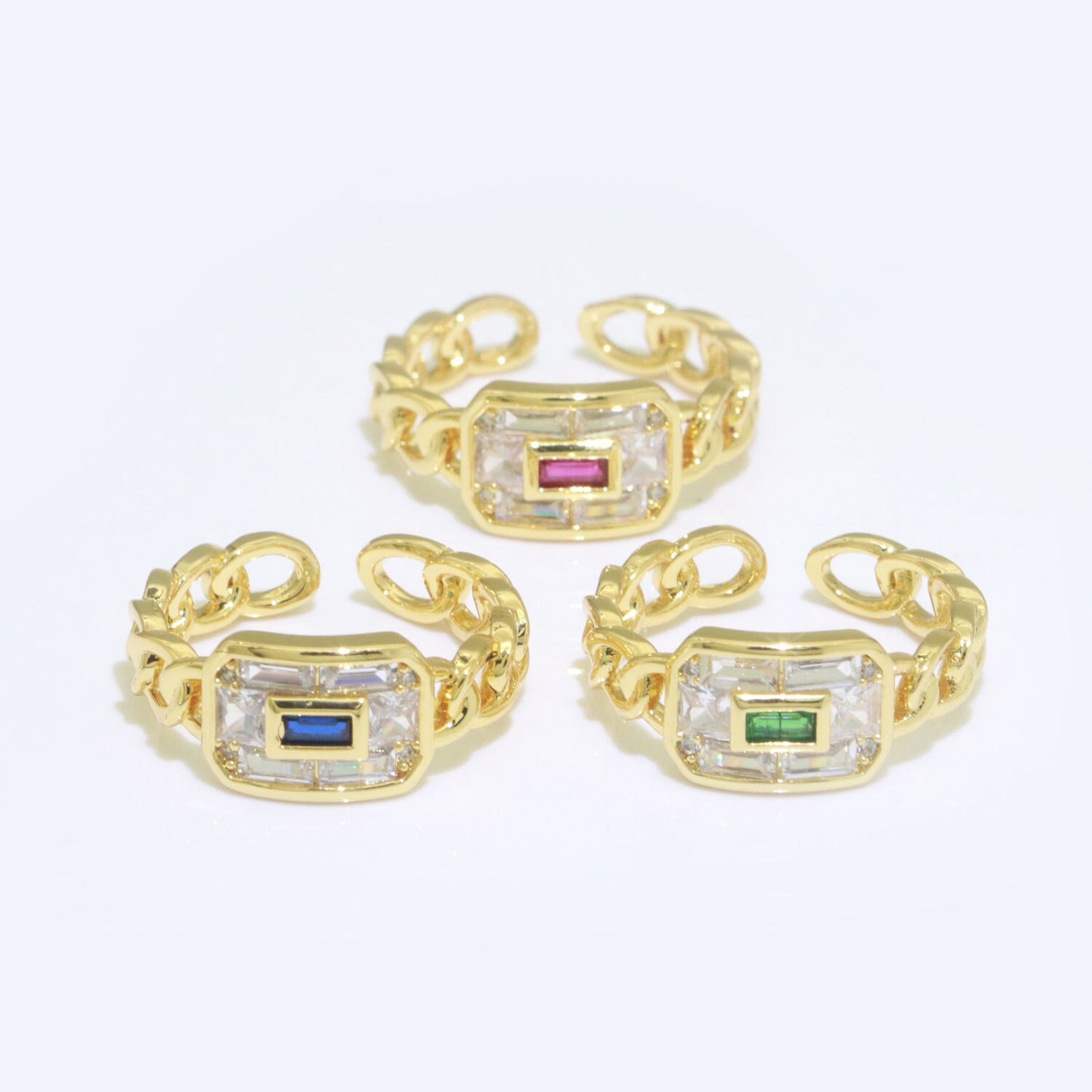 Cocktail Chain Ring Chunky Curb Chain Ring Statement Gold Stackable Rings Cocktail Ring Blue, Pink, Green Cz Stone