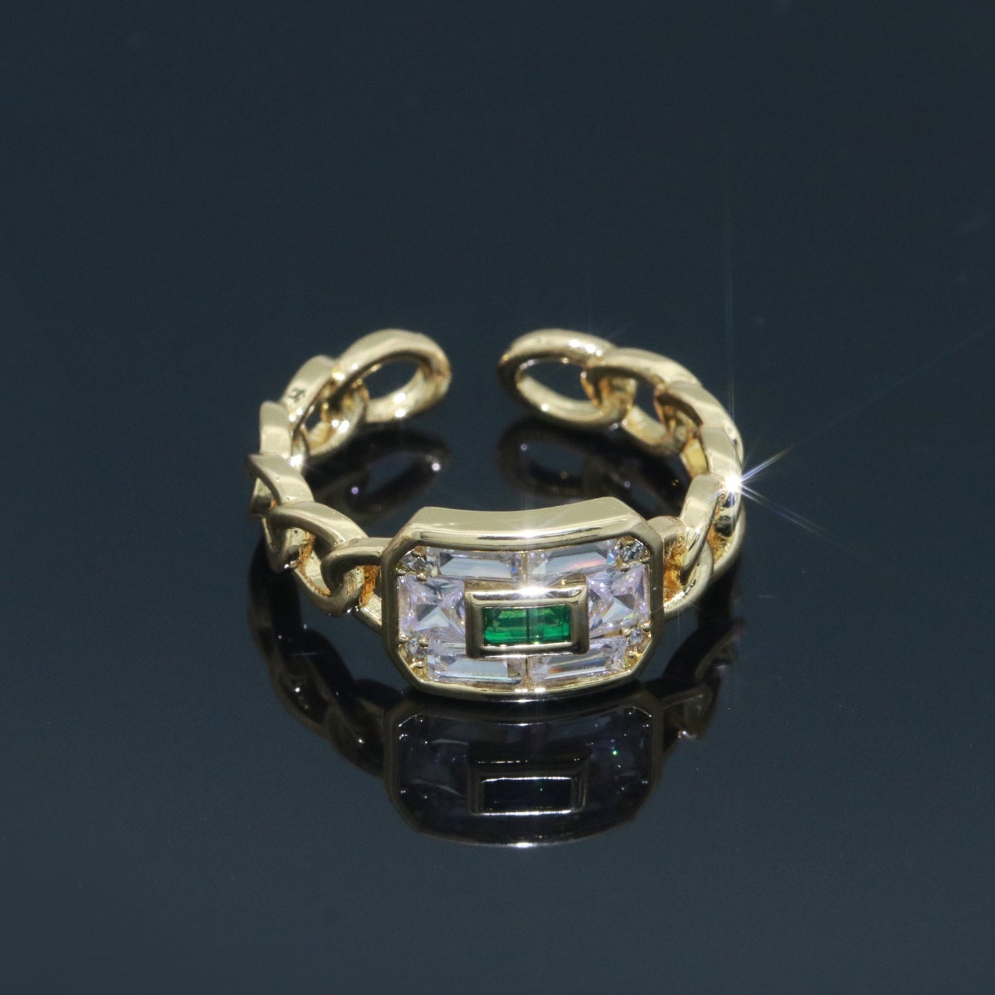 Cocktail Chain Ring Chunky Curb Chain Ring Statement Gold Stackable Rings Cocktail Ring Blue, Pink, Green Cz Stone