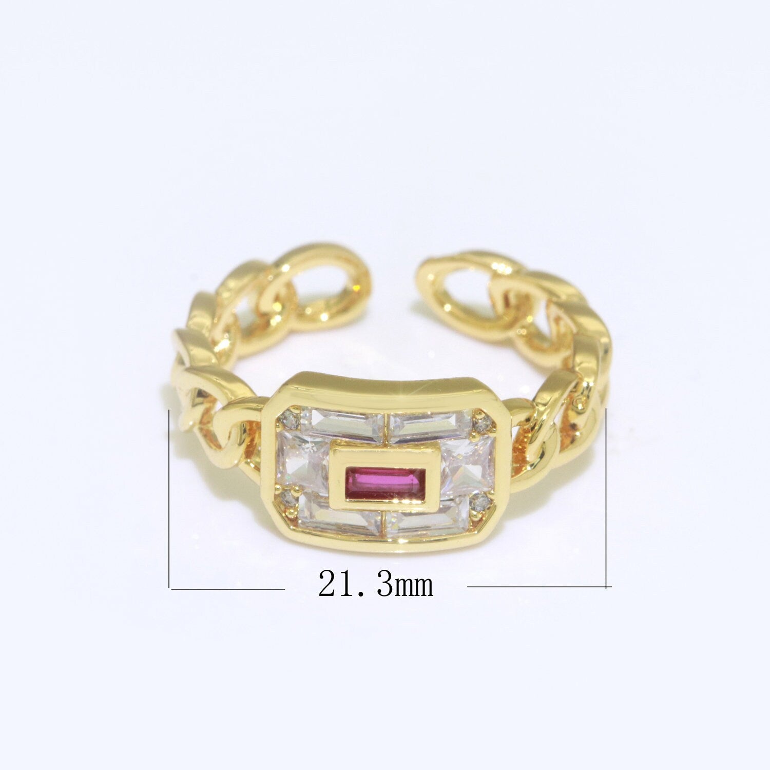 Cocktail Chain Ring Chunky Curb Chain Ring Statement Gold Stackable Rings Cocktail Ring Blue, Pink, Green Cz Stone