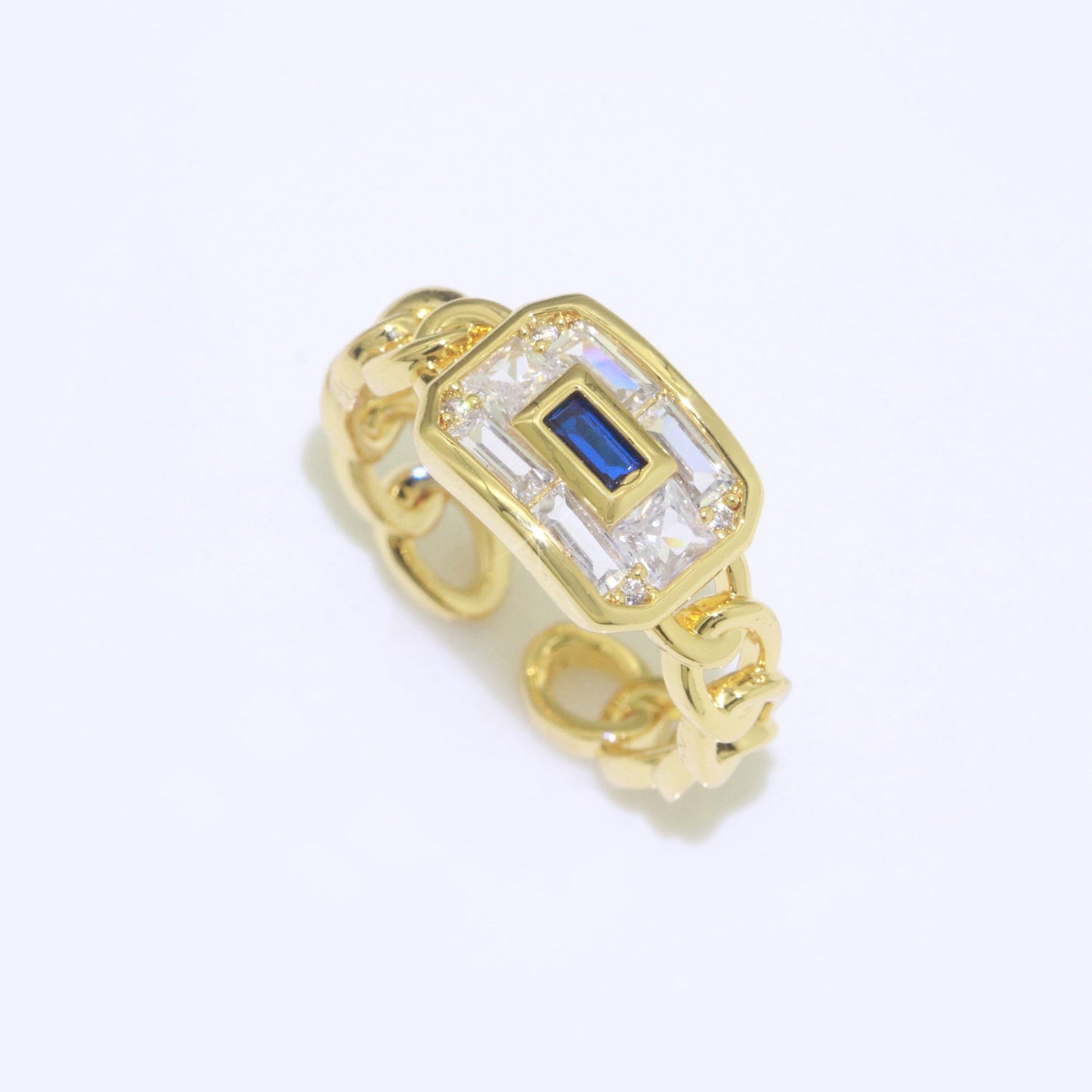 Cocktail Chain Ring Chunky Curb Chain Ring Statement Gold Stackable Rings Cocktail Ring Blue, Pink, Green Cz Stone