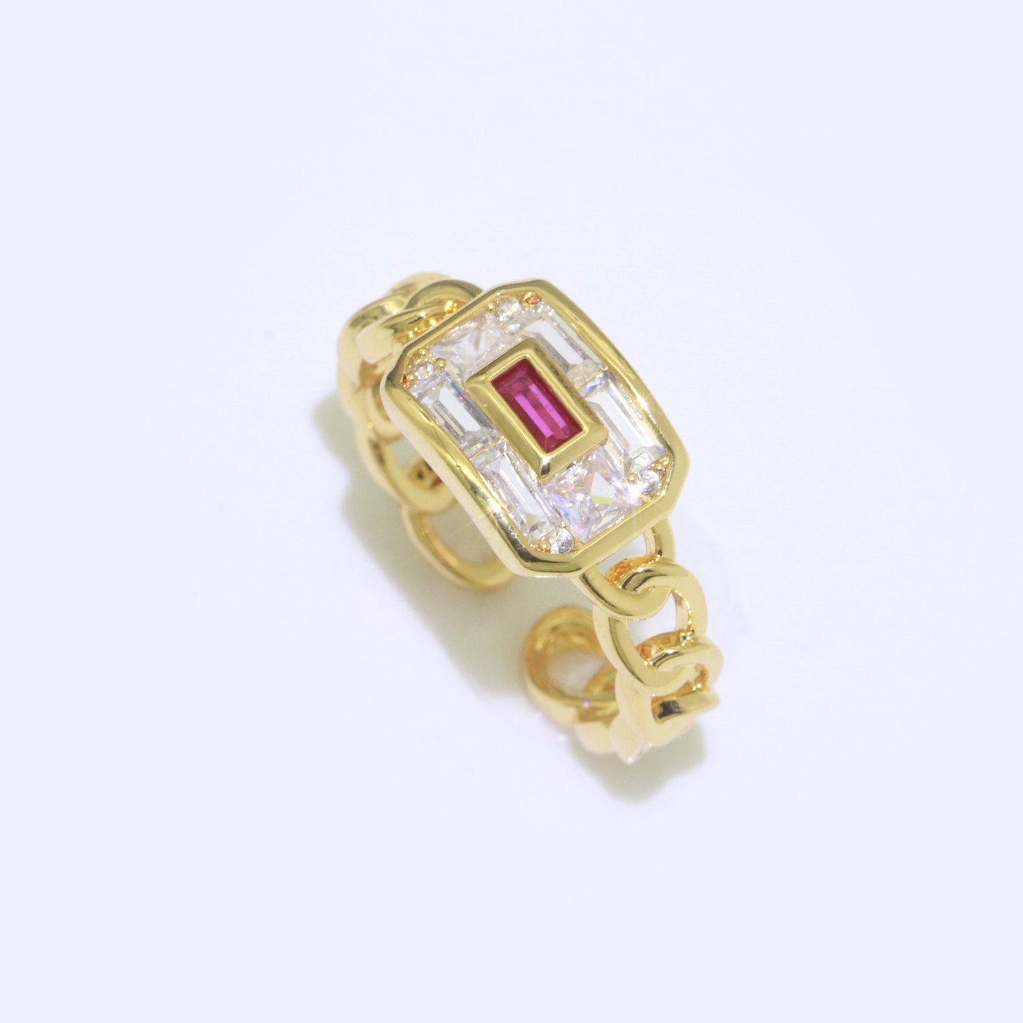 Cocktail Chain Ring Chunky Curb Chain Ring Statement Gold Stackable Rings Cocktail Ring Blue, Pink, Green Cz Stone