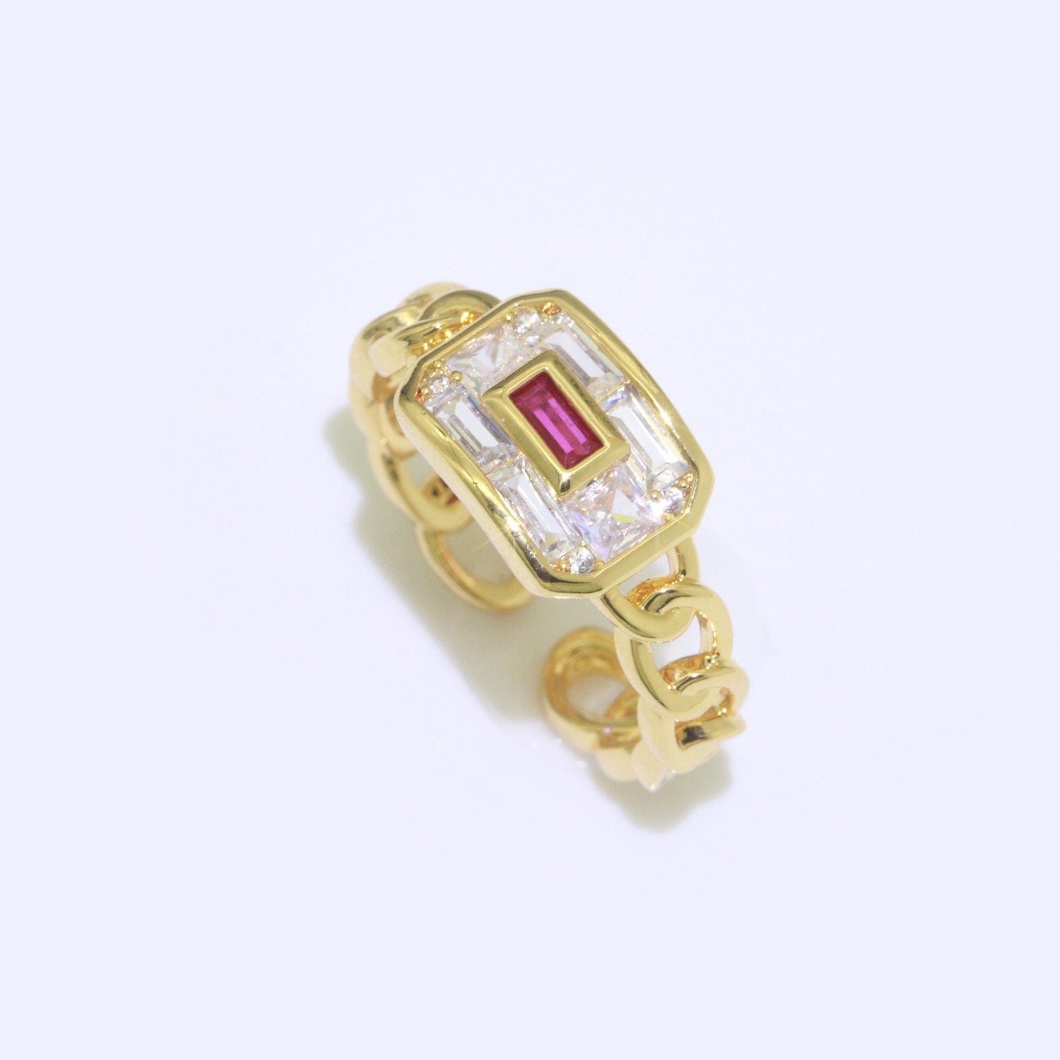 Cocktail Chain Ring Chunky Curb Chain Ring Statement Gold Stackable Rings Cocktail Ring Blue, Pink, Green Cz Stone