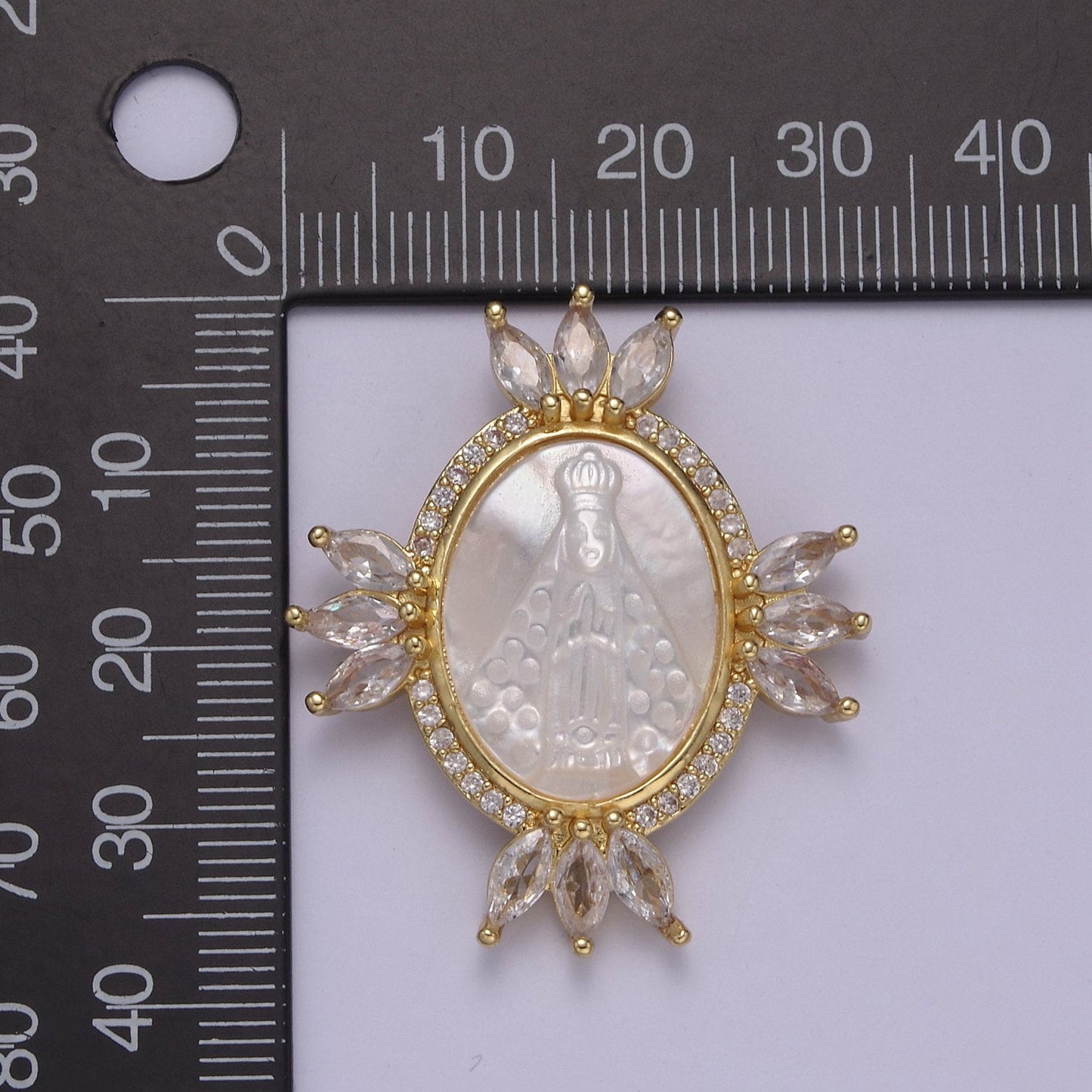 Bold Virgin Mary Pendant in Pearl 24K Gold Filled Oval Frame Clear CZ Micro Pave | DIY Charm Piece | N-573