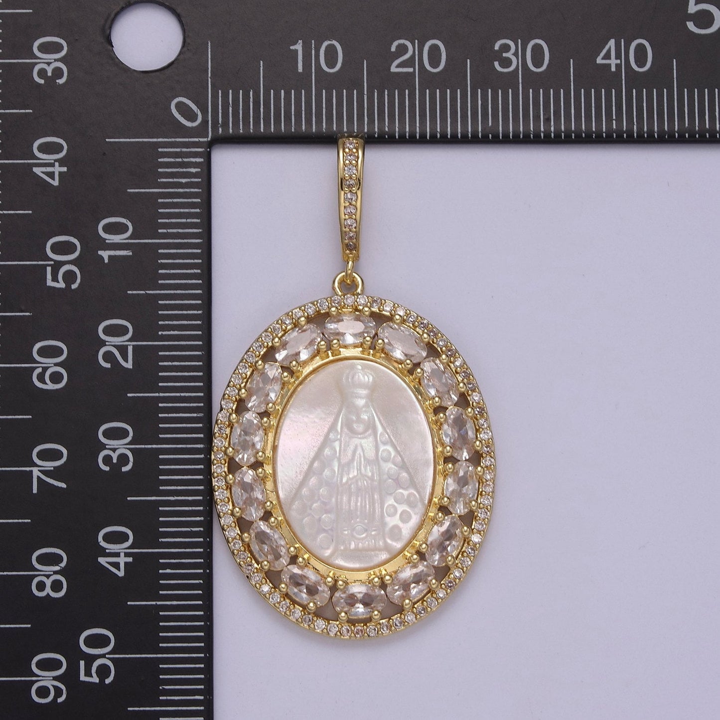 Bold Virgin Mary Pendant in Pearl 24K Gold Filled Oval Frame Clear CZ Pave | DIY Charm Piece | N-571