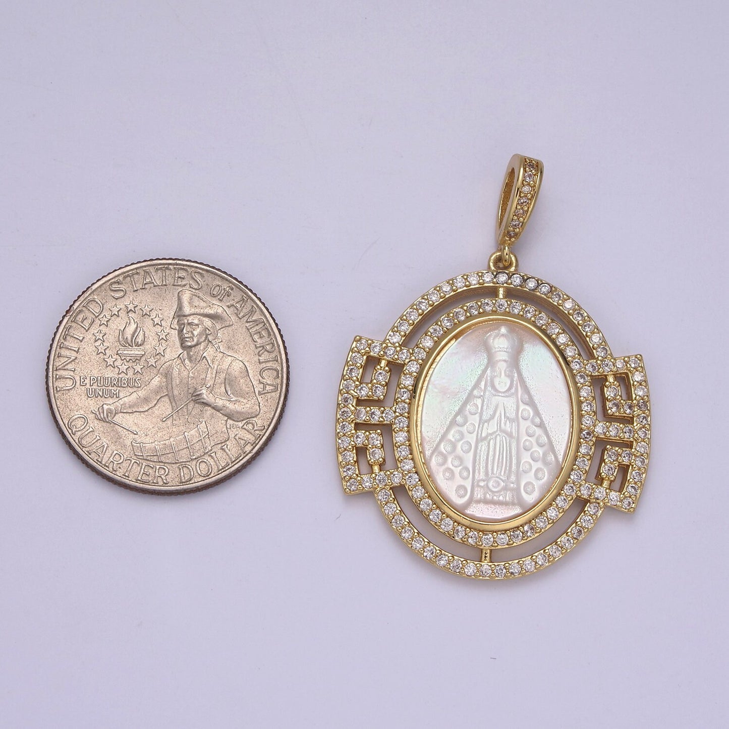 Bold Virgin Mary Pendant in Pearl 24K Gold Filled Oval Frame Clear CZ Micro Pave | DIY Charm Piece | N-575