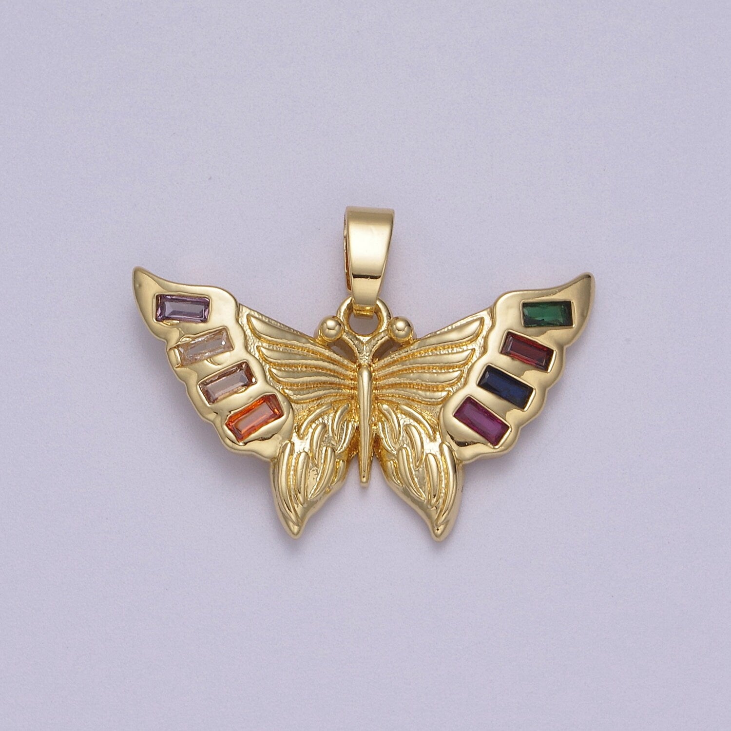 Dainty Yellow Gold Mariposa Butterfly Pendant Bagutte Pave Multi Colored CZ | DIY Charm Necklace Bracelet Earring | Supply N-599